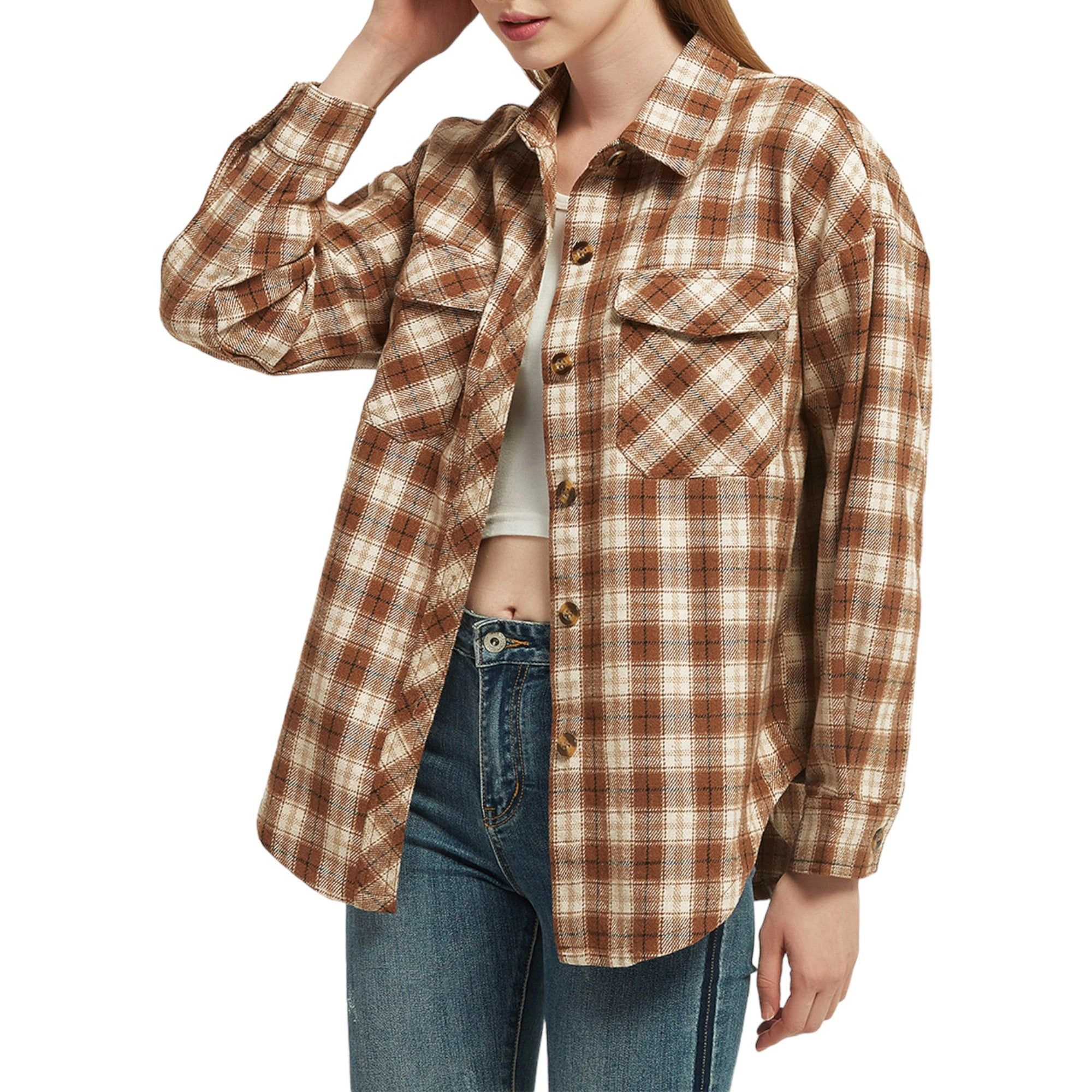 Anna-Kaci Women's Plaid Shacket Jacket Button Down Fall Shirts Coat