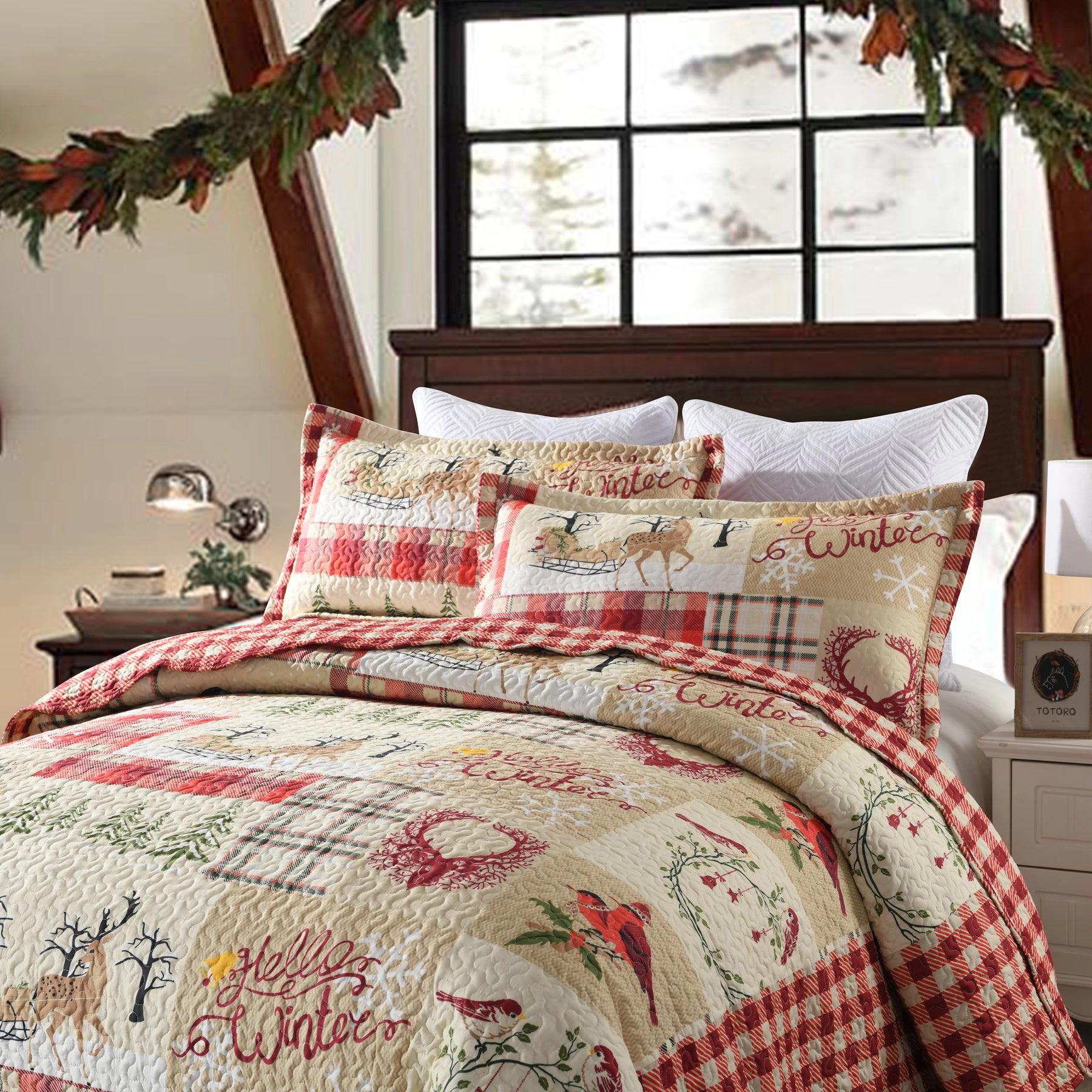 MarCielo 3 Piece Christmas Quilt Bedspread Set, Rustic Lodge Deer Plaid Coverlet Set Lightweight