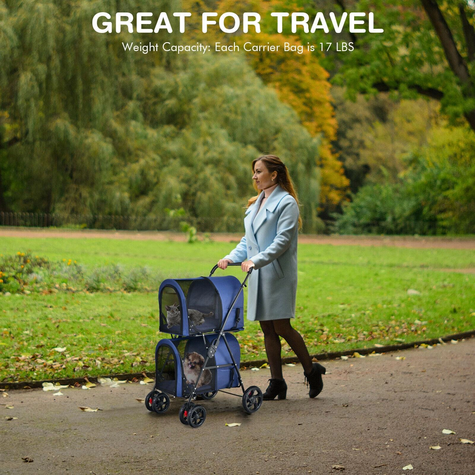 SUGIFT Blue 4-in-1 Double Decker Pet Stroller with 2 Detachable Carriers 20-in W 27-in D 41.5-in H 17-lb Per Deck