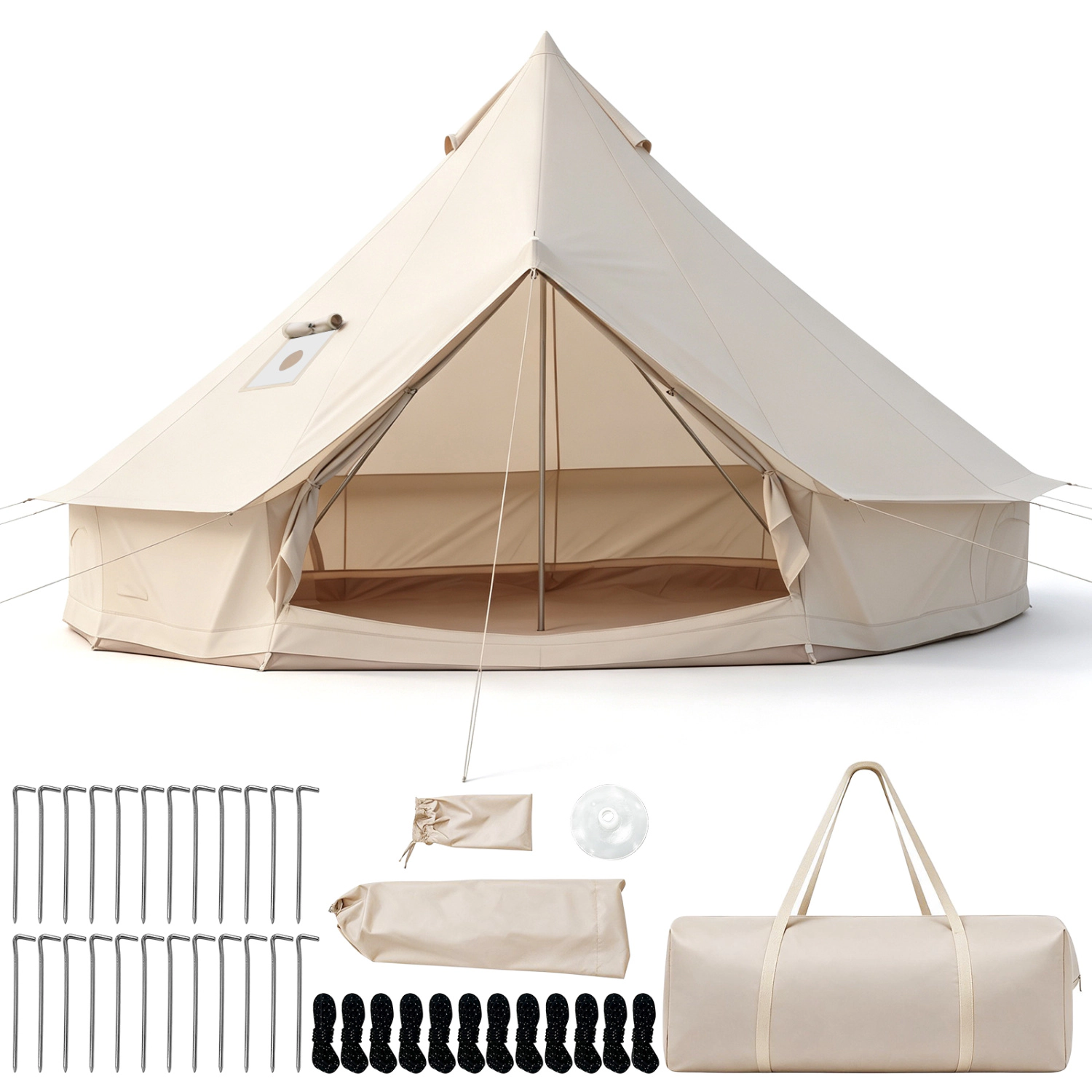LJG Waterproof Bell Tent with Stove Jack Accommodates and Mesh Windows Doors