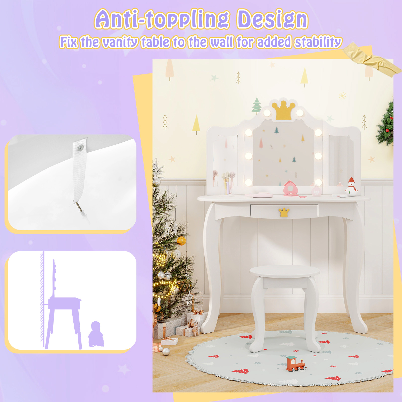 SUGIFT White Tri-Fold Lighted Mirror Detachable Top and Stool Kids Vanity Set