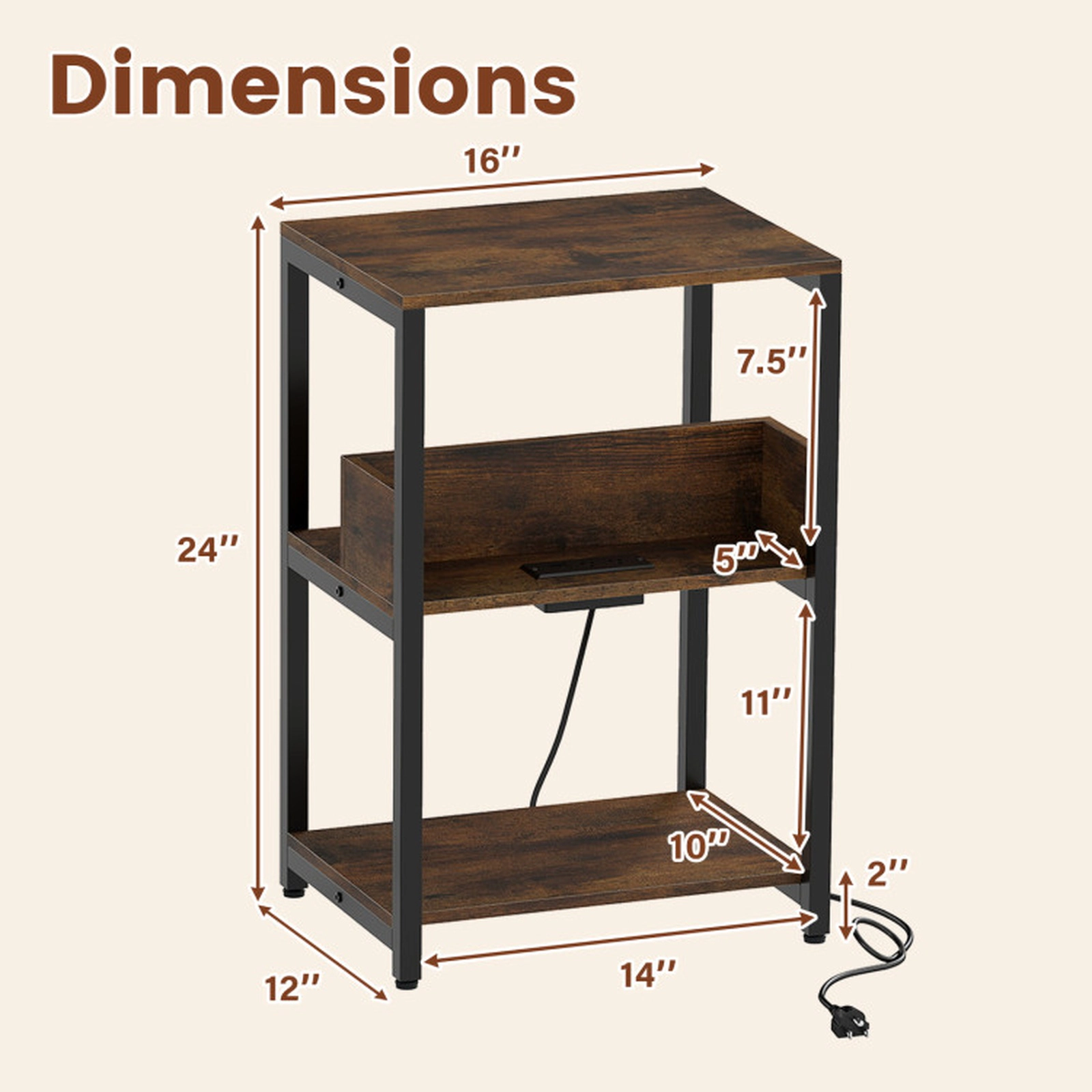 SUGIFT 3 Tier Engineered Wood Metal Frame USB C Charging Storage End Table In Rustic Brown