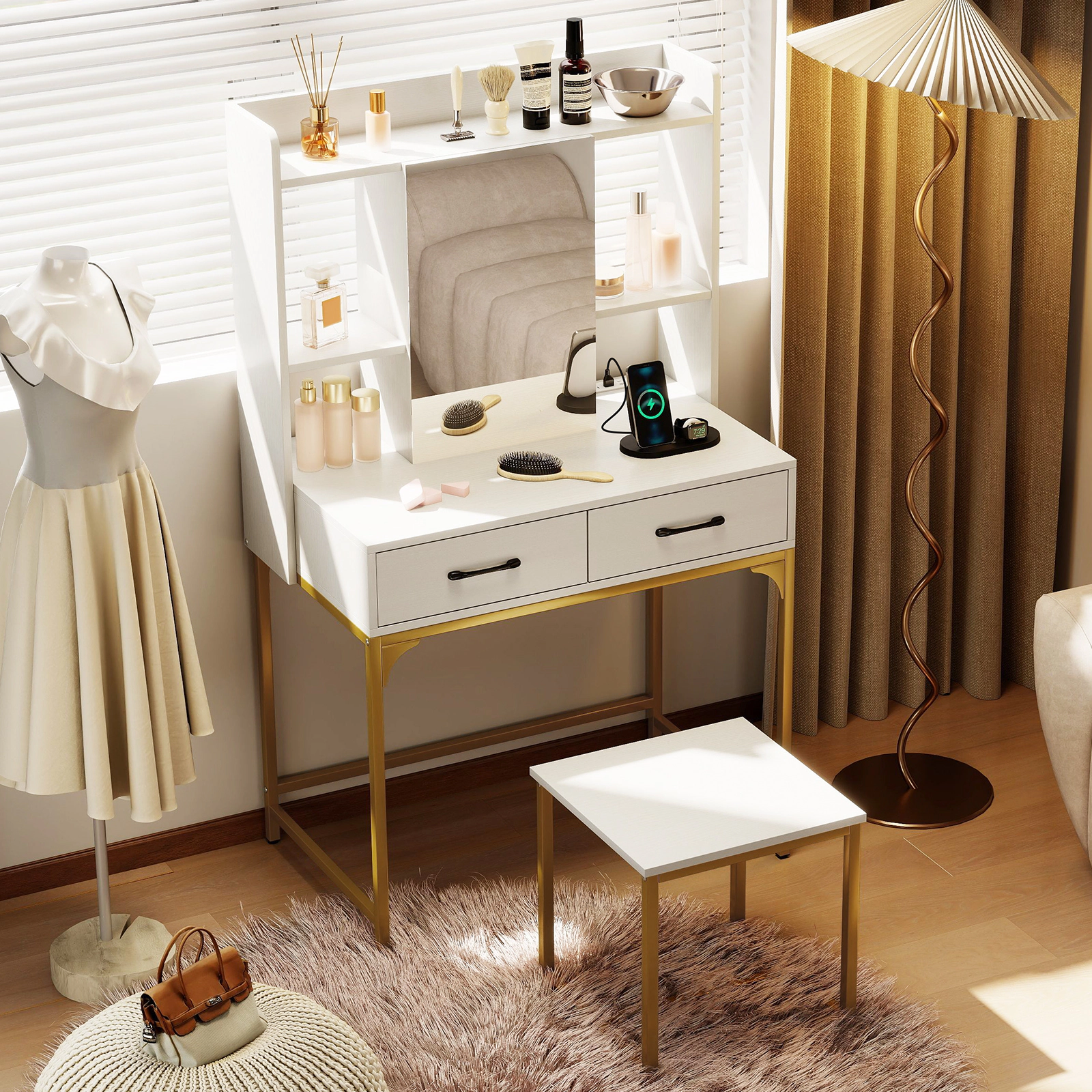 SUGIFT White Vanity Desk with Mirror, Storage Cabinet, Charging Station and Stool