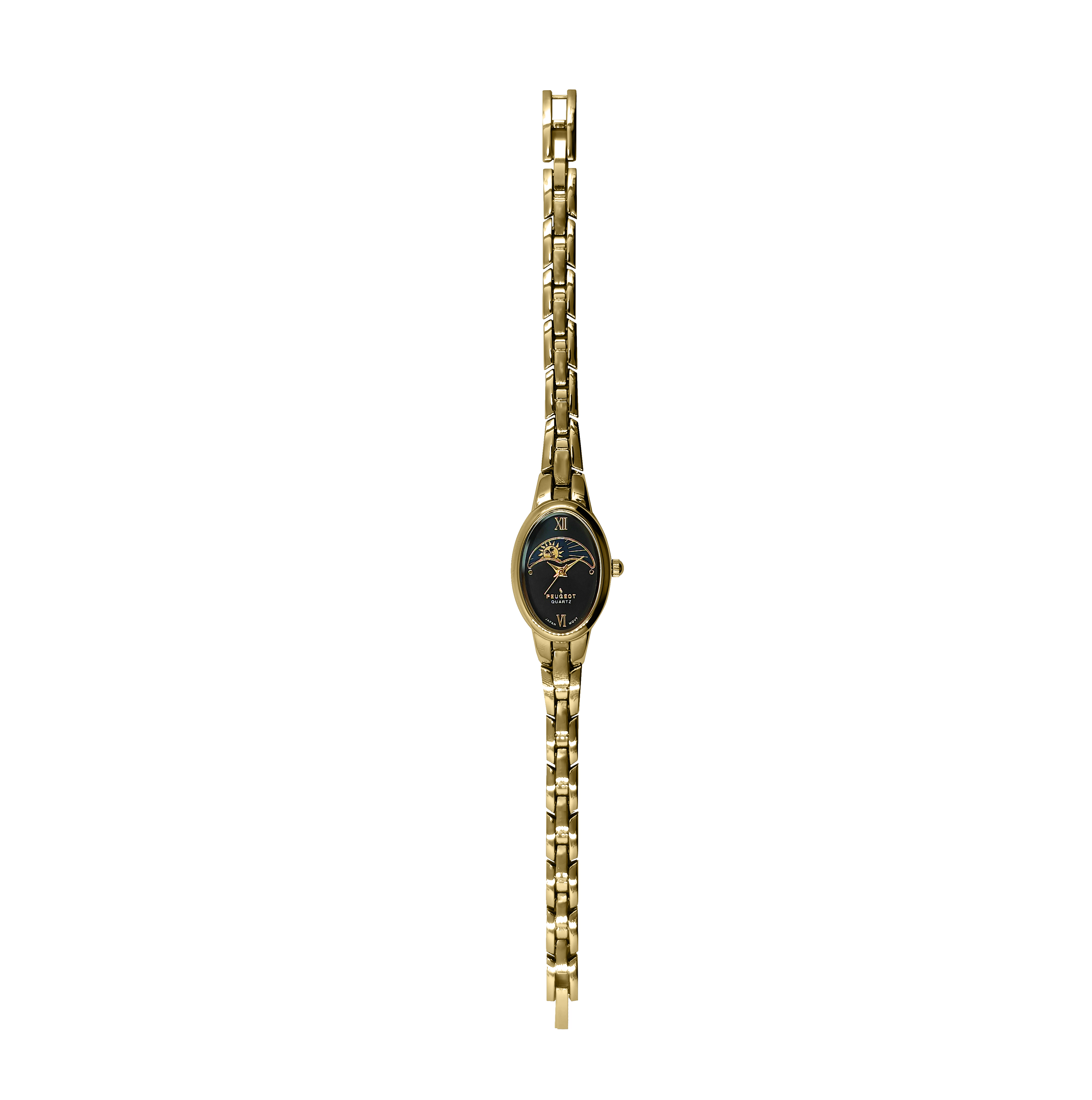 Peugeot Women's Gold 30x25mm Sun Moon Dial Link Bracelet Watch with Black Dial