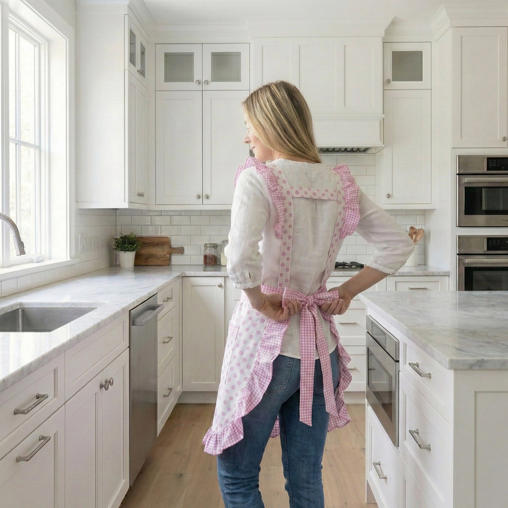 Alilang Unisex Polka Dot Gingham Ruffle Trim Kitchen Apron with Adjustable Straps and Front Pocket
