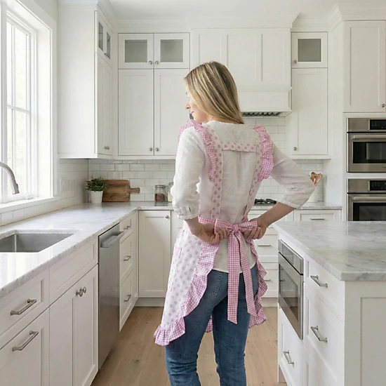 Alilang Unisex Polka Dot Gingham Ruffle Trim Kitchen Apron with Adjustable Straps and Front Pocket