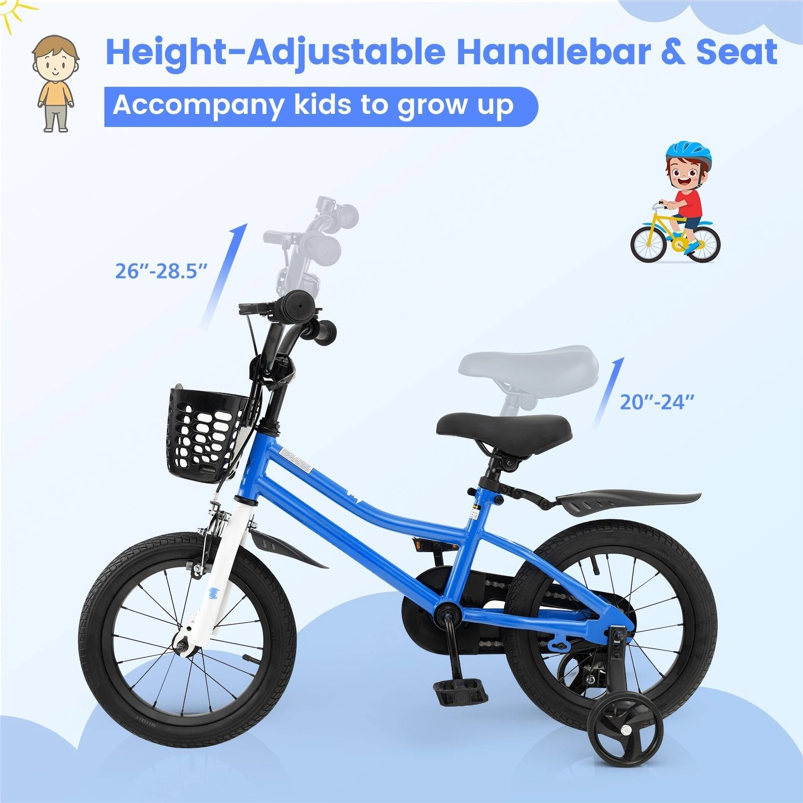 SUGIFT Height-Adjustable 14-Inch Kids Bike with Training Wheels 99-lb Seat Capacity Ages 3-5 Years Blue