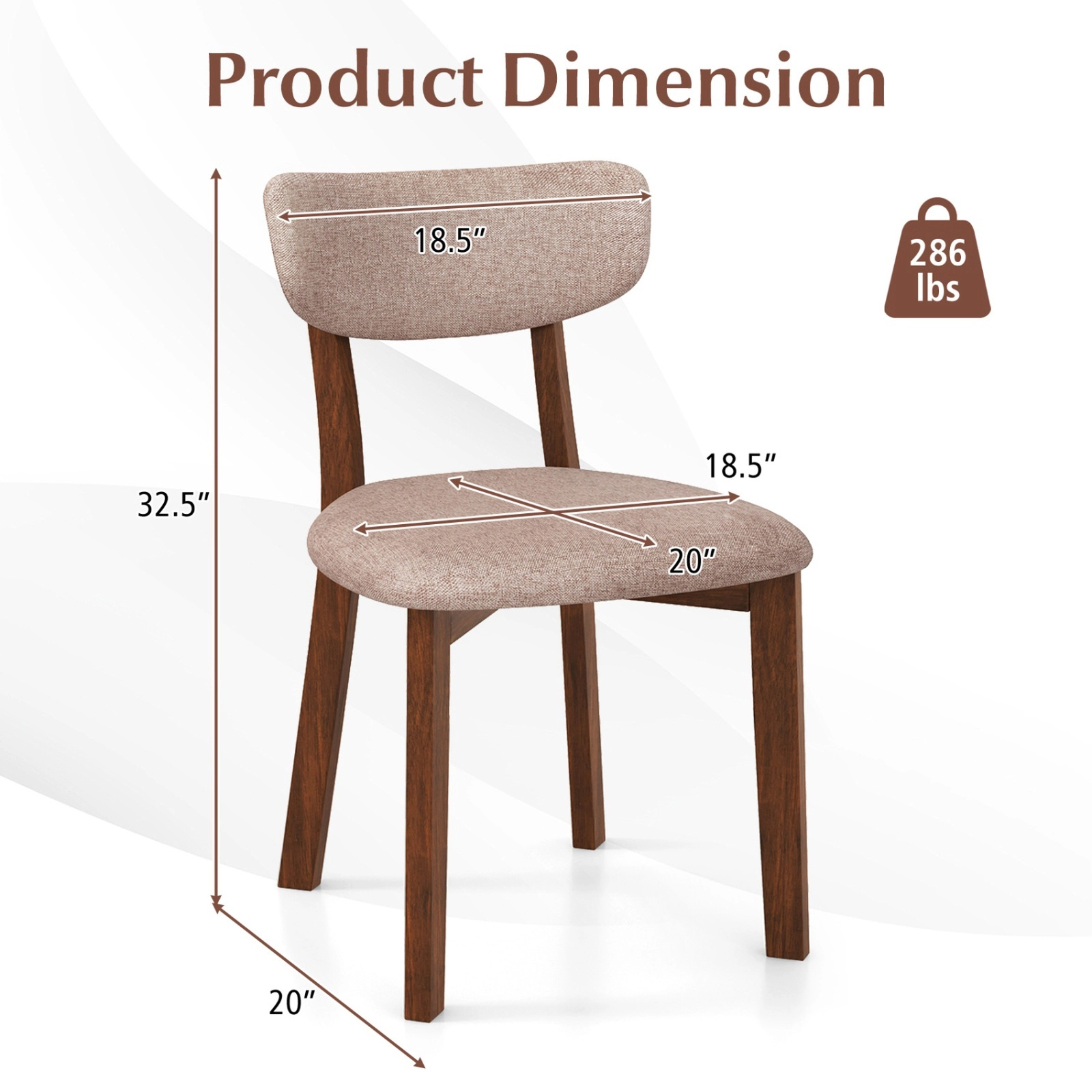 Set of 2 Beige Upholstered Mid-Back Dining Chairs, Walnut Rubber Wood, X-Brace, 290 lb