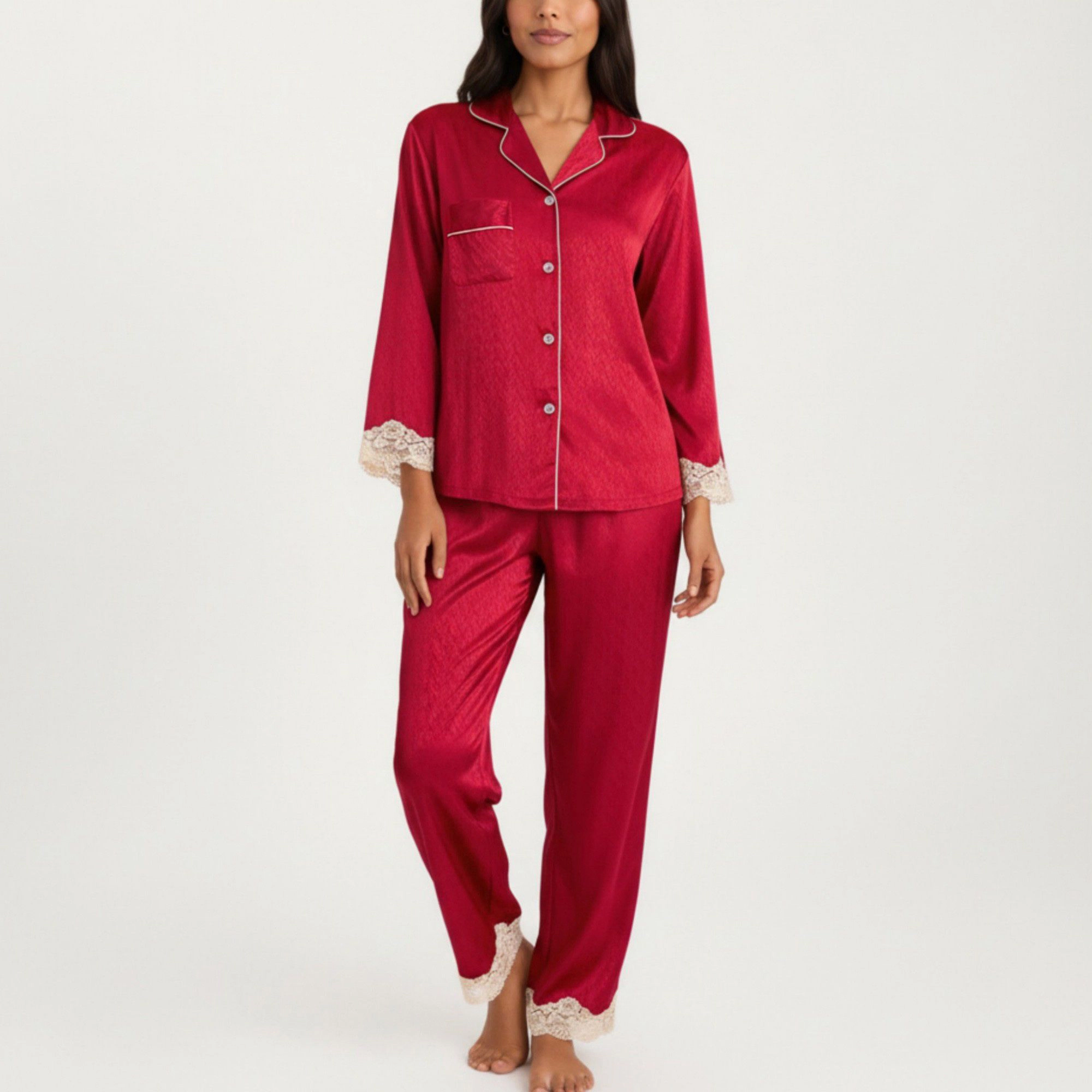 Anna-Kaci Women's 2-Piece Satin Button Front Pajama Top with Lace Trim Sleeves and Matching Elastic Waist Pants