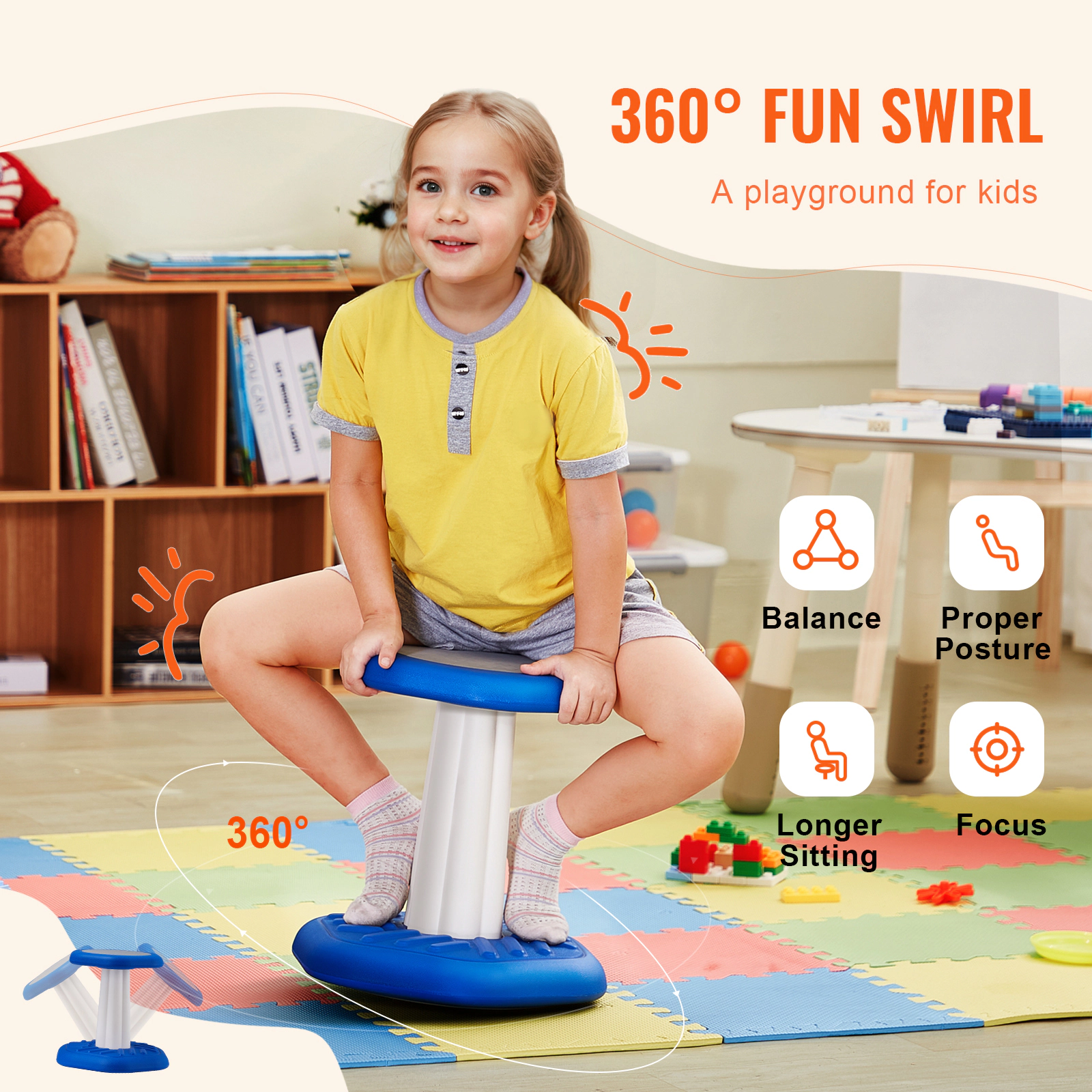 HONGGE Kids Wobble Chair for Ages 3-7, 360-Degree Swivel Stool with Cushioned Seat, Blue HDPE, Holds up to 154 lbs