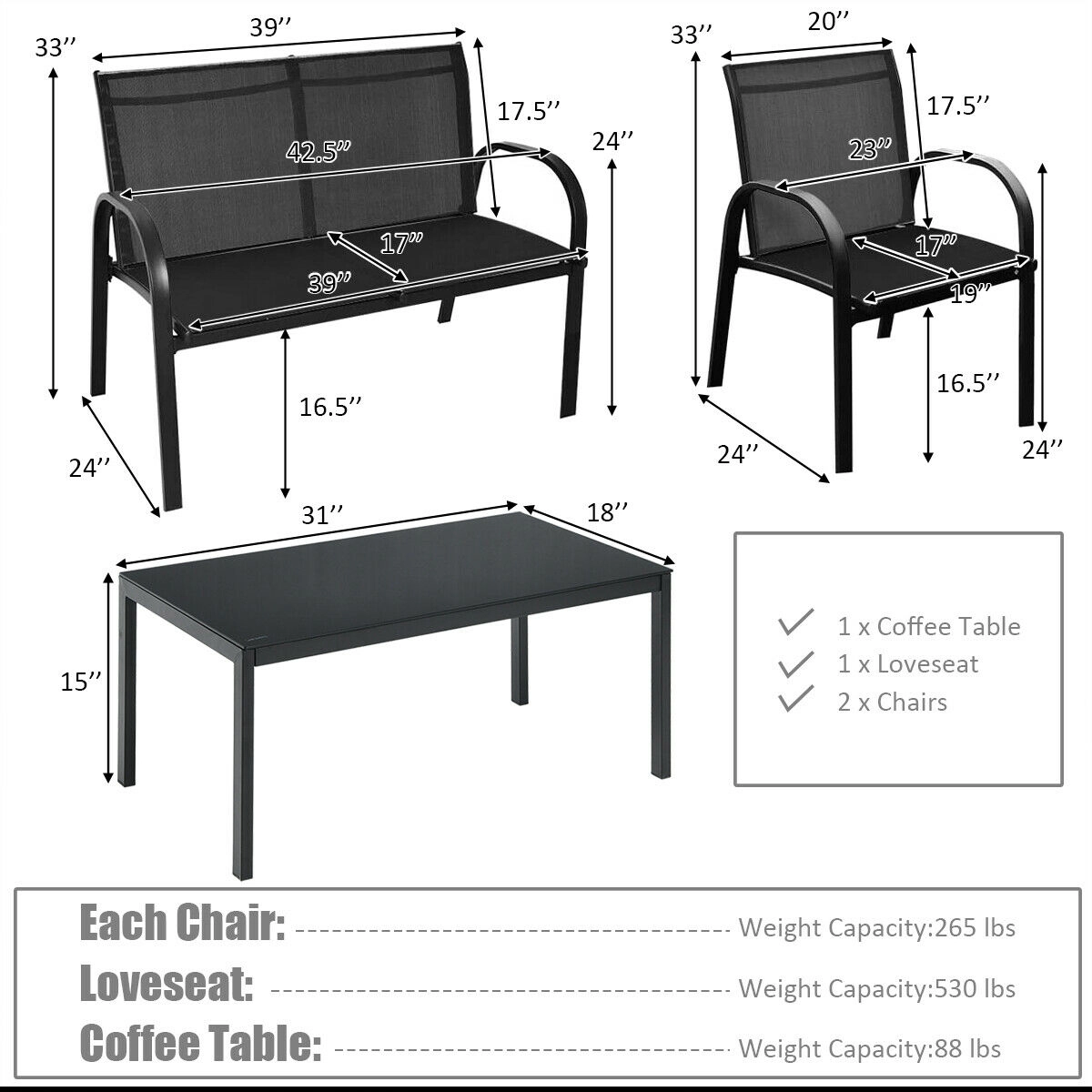 SUGIFT 4-Piece Black Patio Conversation Set, Loveseat, 2 Armless Sofas, Glass-Top Tea Table