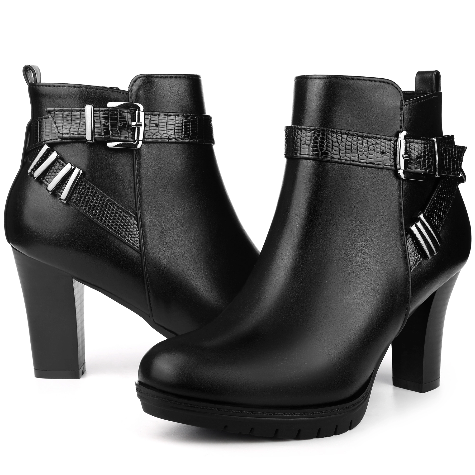 BLISSFUL STEP Women Faux Leather Cross Strap Platform Block Heel Ankle Booties