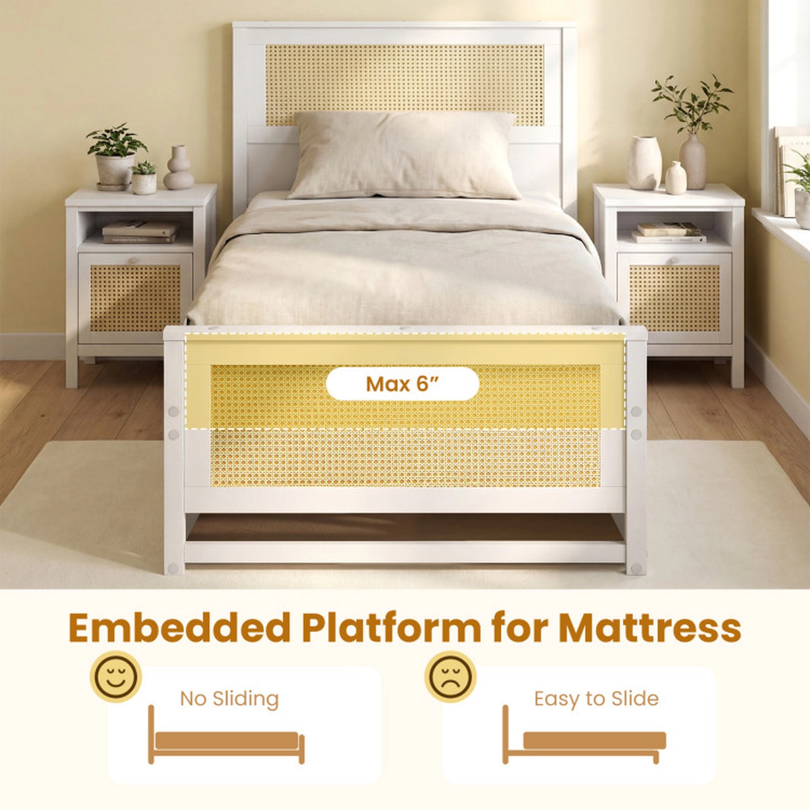 SUGIFT Twin Size Rattan Bed Frame with 2 Storage Drawers 350-lb Bed Capacity 50-lb Drawer Capacity 79-in Frame White