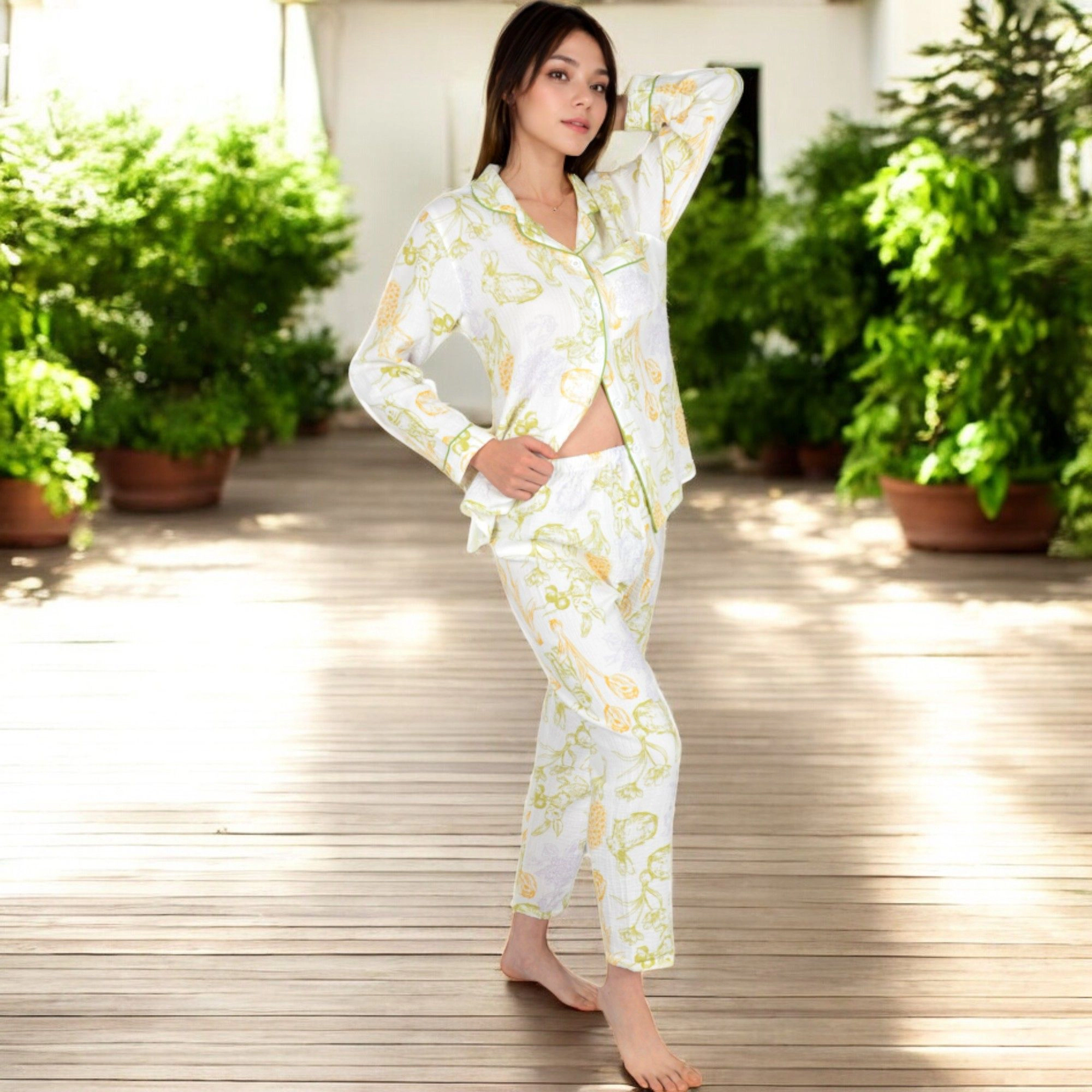 Anna-Kaci Women's Printed Gauze Pajama Set with Button Up Shirt and Relaxed Fit Pants