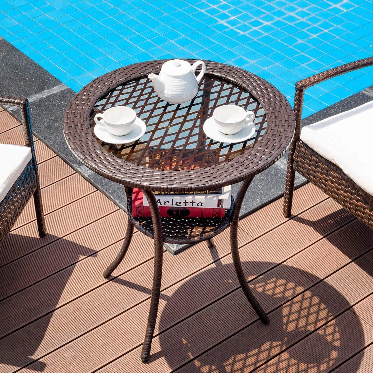 SUGIFT 25.5-Inch Round Wicker Patio Bistro Table with Tempered Glass Top and Shelf