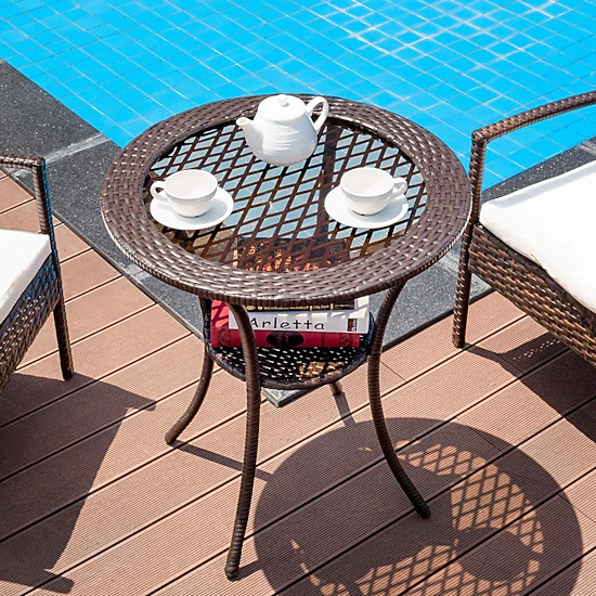 SUGIFT 25.5-Inch Round Wicker Patio Bistro Table with Tempered Glass ...