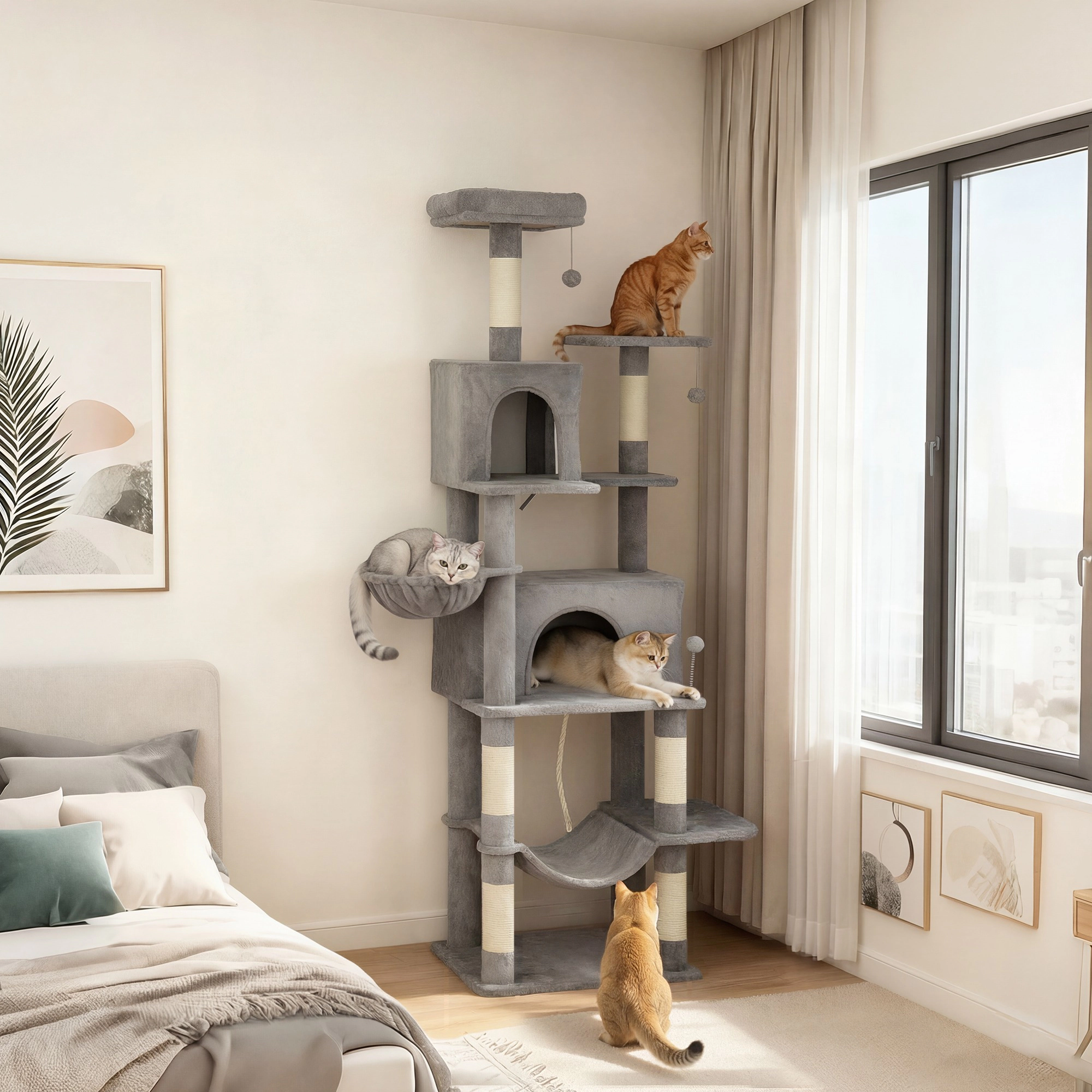 HONGGE Multi-Level Cat Tower, Cat Tree with 2 Condos, Hammocks, Scratching Posts, Dark Gray