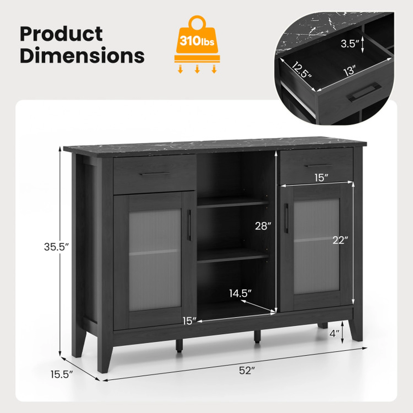 SUGIFT 2-Drawer Faux Marble Top Glass Doors Sideboard Buffet Cabinet 52-in x 15.5-in x 35.5-in 310-lb Capacity Black