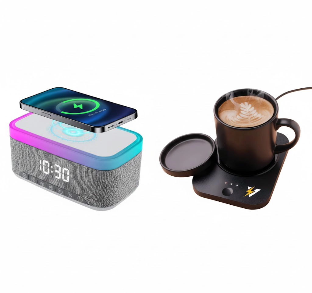 Pursonic Unisex Desk-to-Bedside Power & Comfort Bundle: 2-in-1 Mug Warmer & 5-in-1 Wireless Charging Alarm Clock