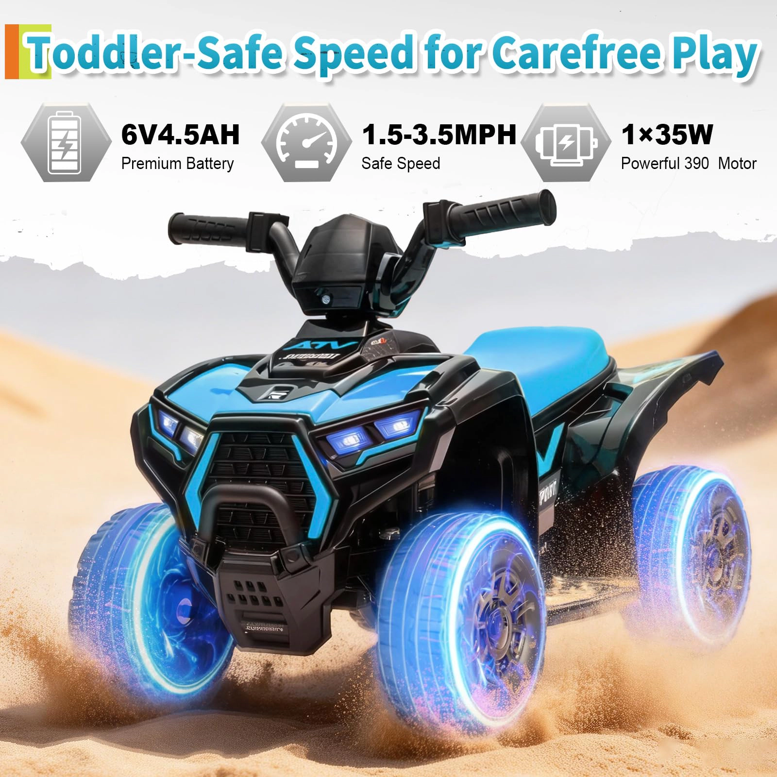 6V Kids Ride On ATV Quad with LED Lights & Music, 4-Wheeler Electric Toy for Toddlers Ages 3-6
