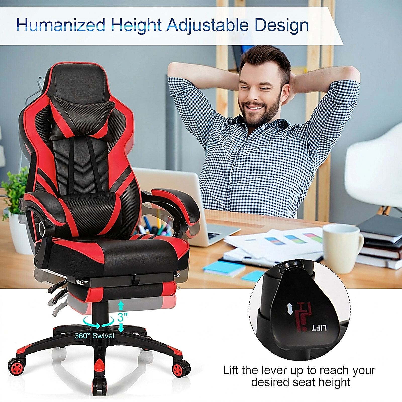 SUGIFT Adjustable Reclining Gaming Chair with Footrest 330-Lb Capacity 27-in Wide Seat 17-20-in Seat Height -49 in Red