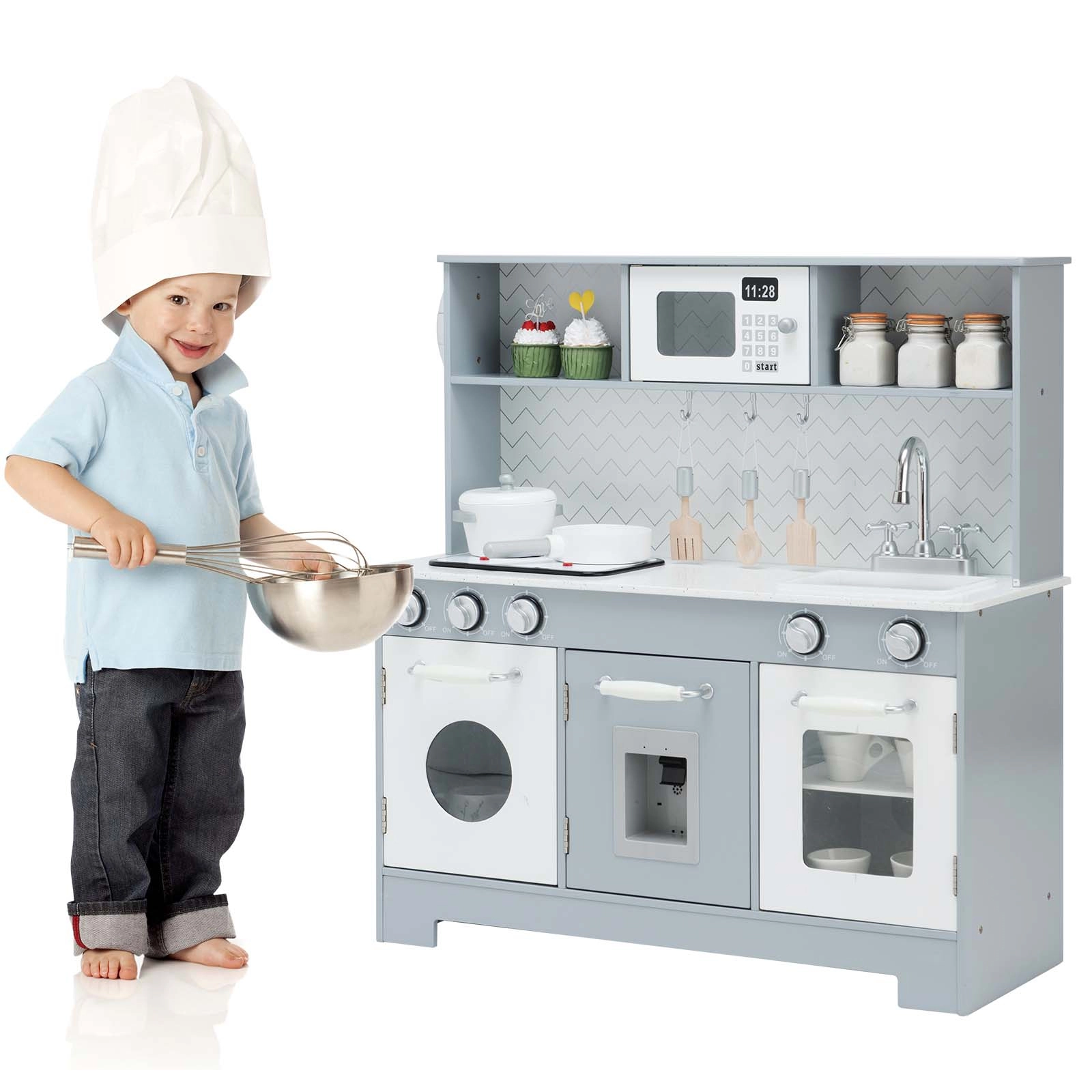 SUGIFT Realistic Pretend Play Kitchen Toy Set with Light and Sound For Kids Over 3 Years White and Gray