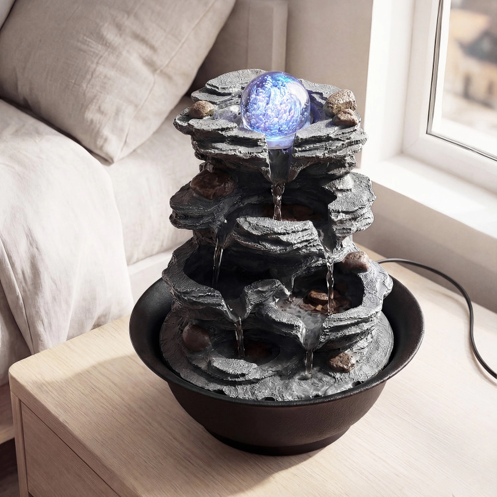 SUGIFT Multi-Tier Tabletop Water Fountain Color-Changing LED Light Rolling Crystal Ball 8.5 x 10.5-in 2.5-lb Black