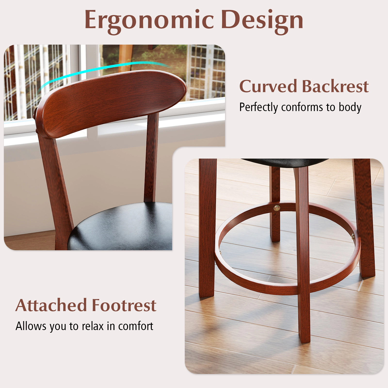 SUGIFT Set of 2 Walnut Faux Leather Armless Counter Height Bar Stools with Footrests