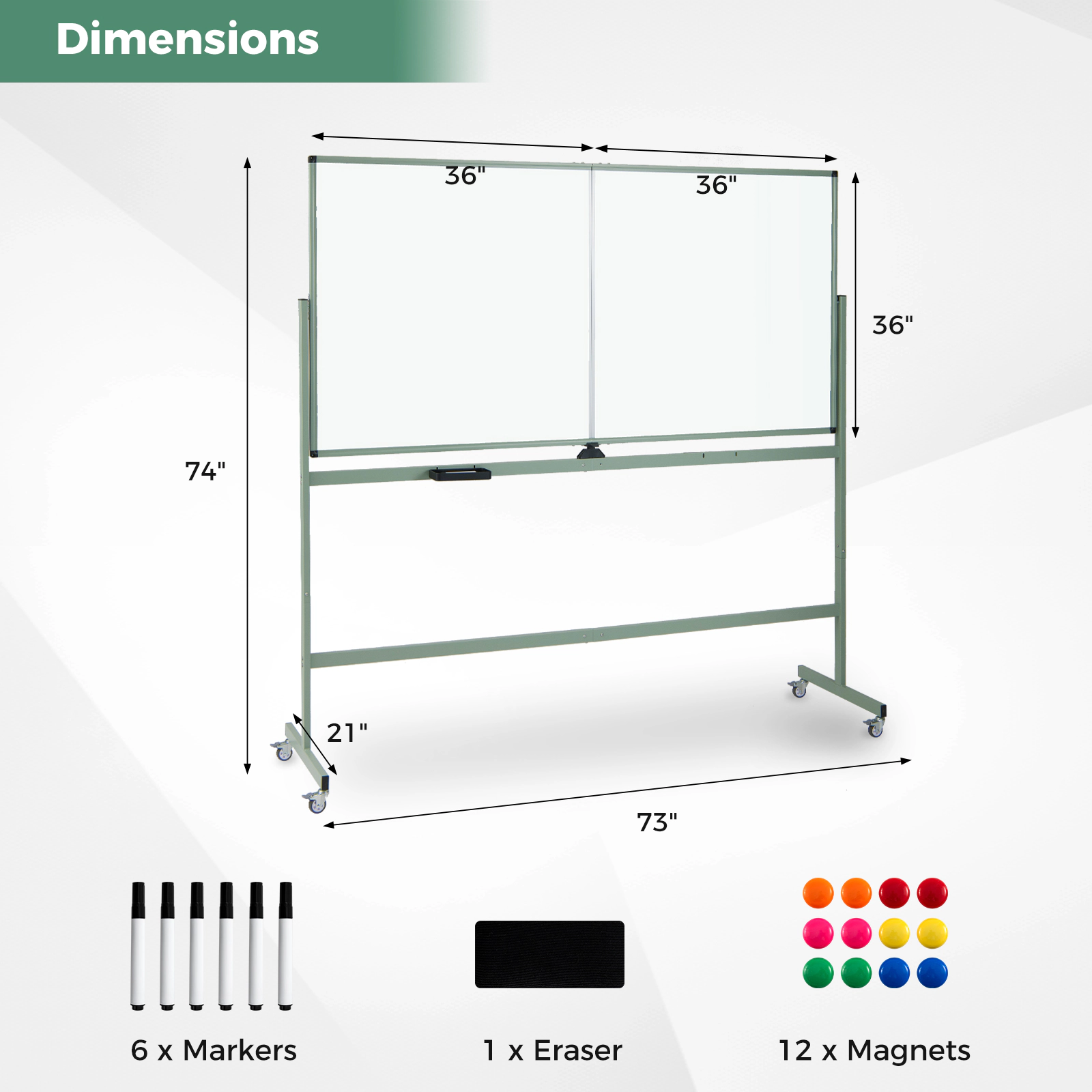 SUGIFT 72-in x 36-in Double-Sided Rolling Magnetic Whiteboard with Aluminum Alloy Frame and Lockable Casters