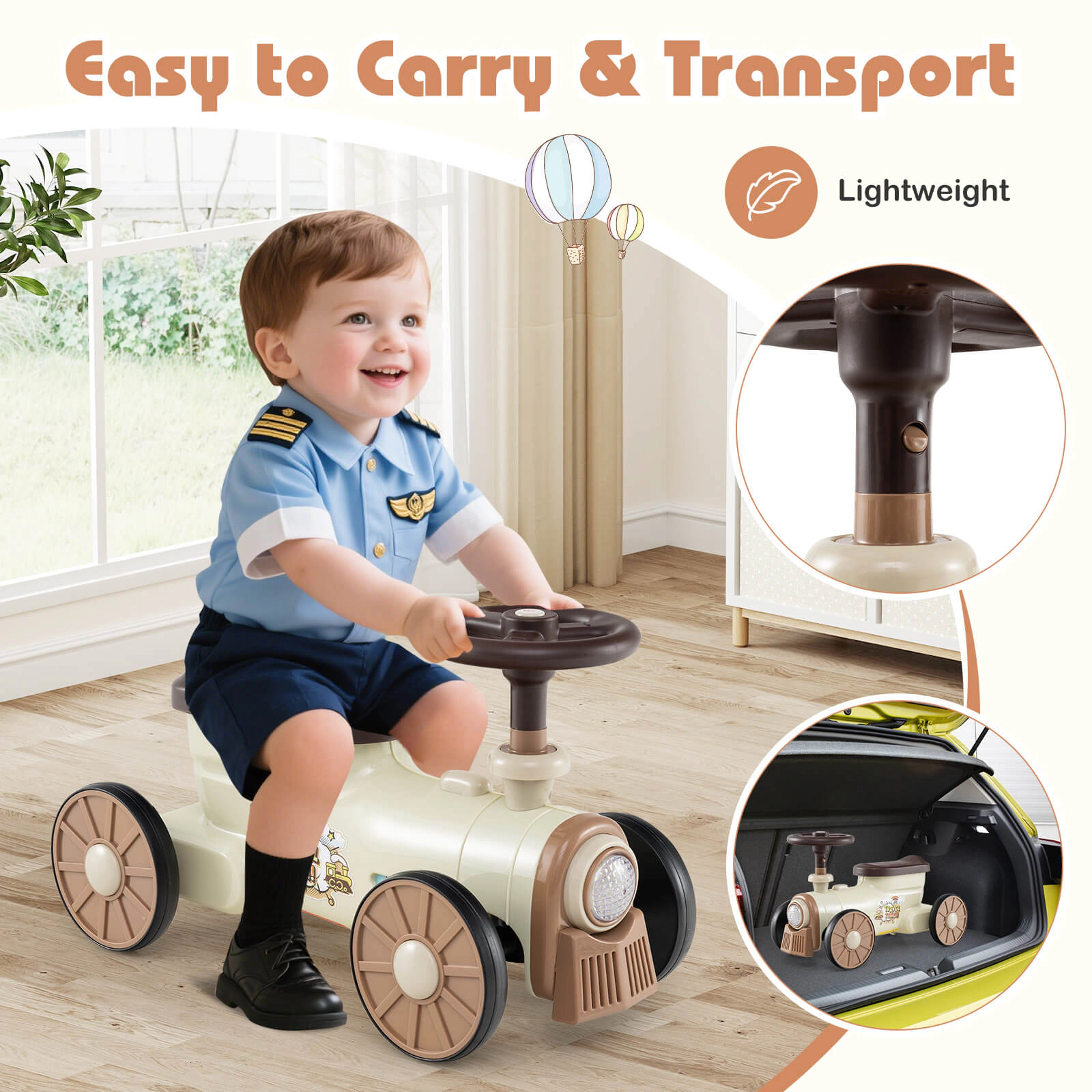 Costway Ride on Push Car with Storage Compartment & Train Whistle Sound Button