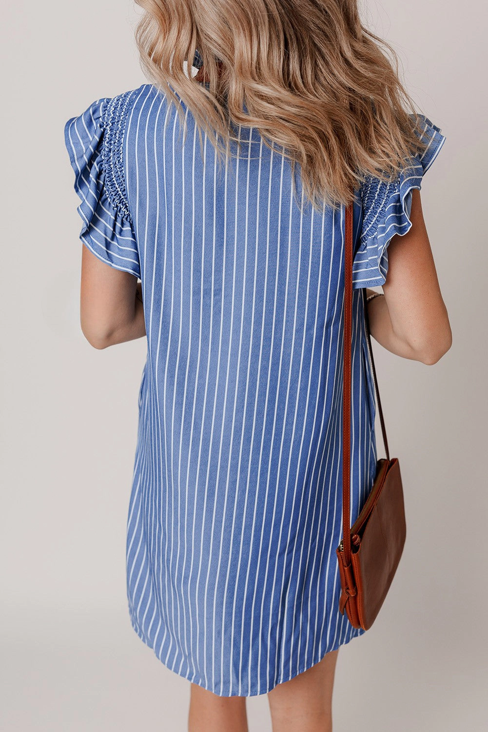 Threaded Pear Women's Leah Stripe Frilly Split Neck Shirred Ruffle Sleeve Dress