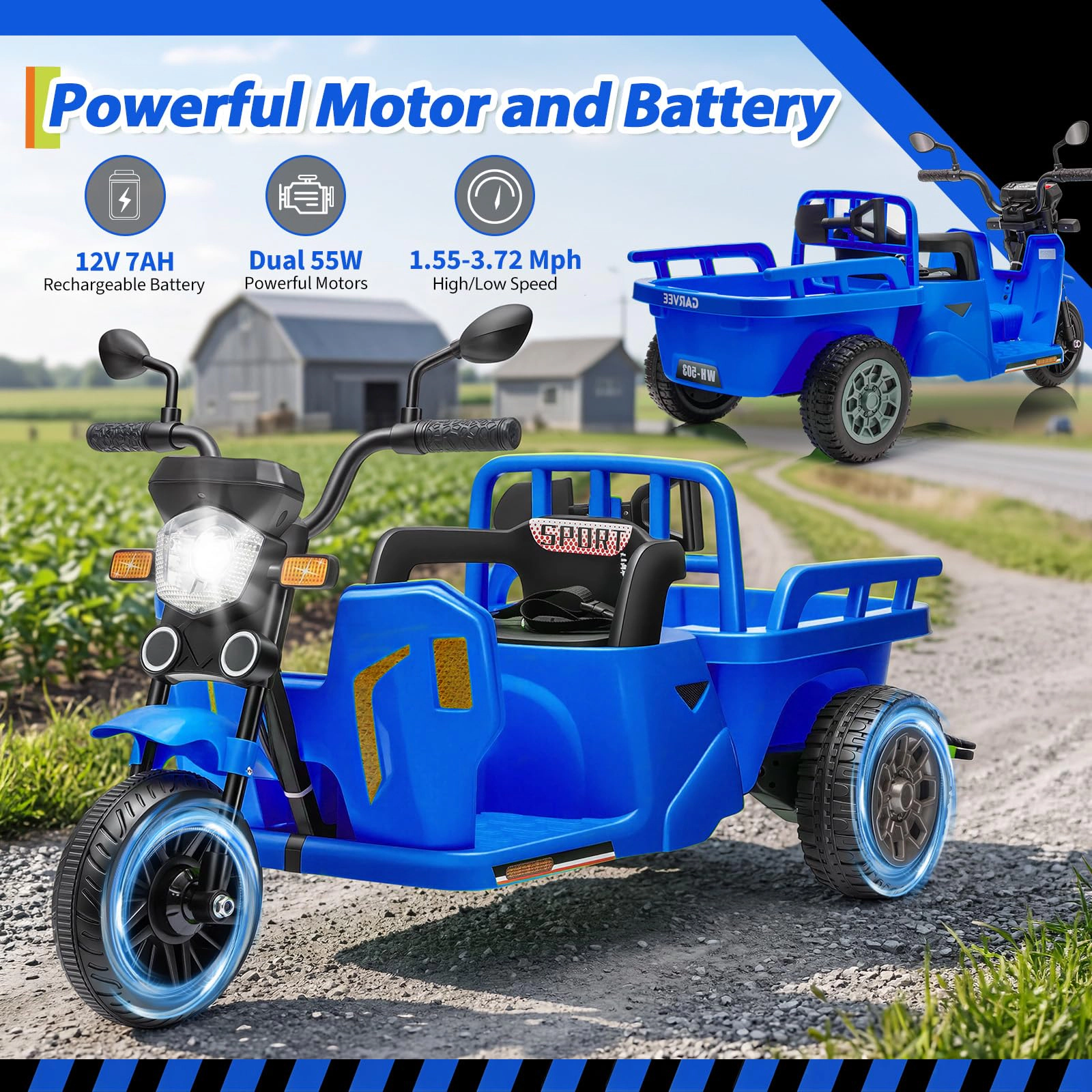 12V Kids Ride On Motorcycle Tricycle with Trailer, Bluetooth Music, LED Light & Dual Motors for Ages 3-8