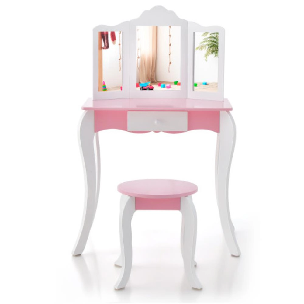 Hivvago Kid'S Wooden Vanity Table And Stool Set  With 3-Panel Acrylic Mirror-White