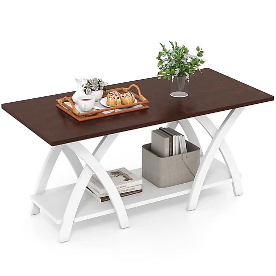 Glintex Farmhouse 40-Inch 2-Tier Coffee Table with X-Shaped Wood Frame, Walnut + White