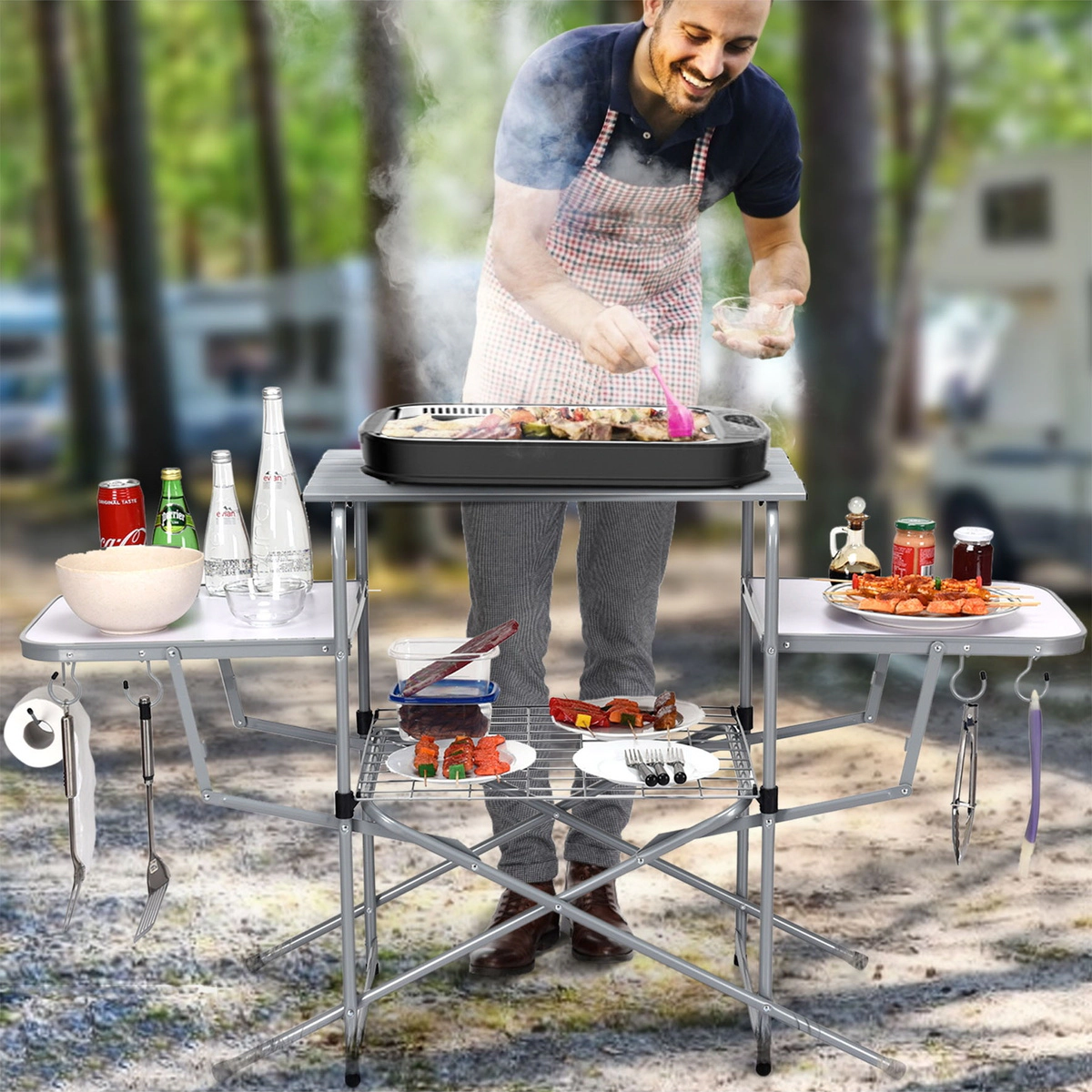 SUGIFT 57.5-Inch Foldable Grill Table, Aluminum Top, 2 Side Shelves, 4 Hooks, Paper Towel Holder, Carry Bag