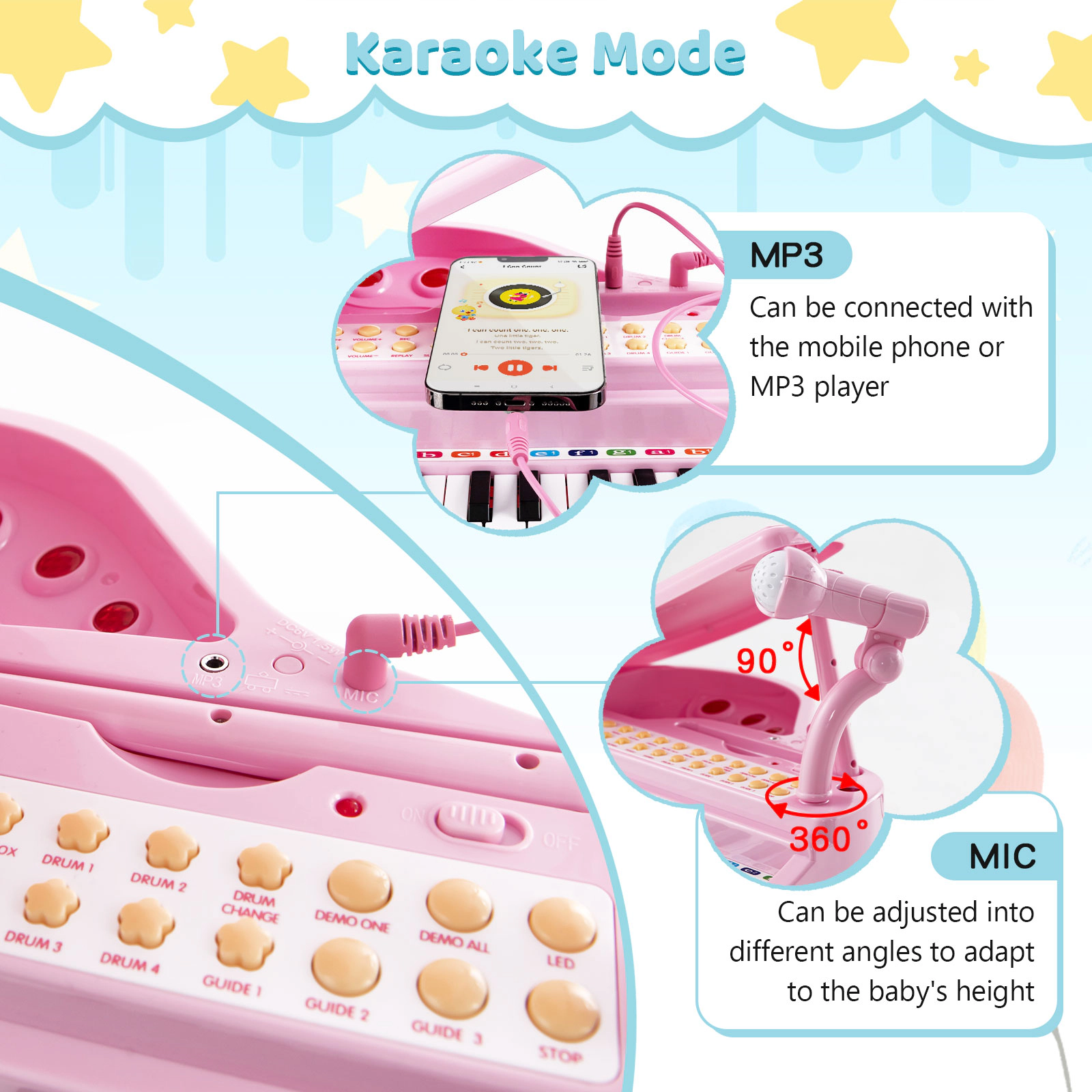 SUGIFT 31-Key Kids Piano Keyboard with Microphone, Stool and Piano Lid 110-lb Capacity Ages 3+ Pink