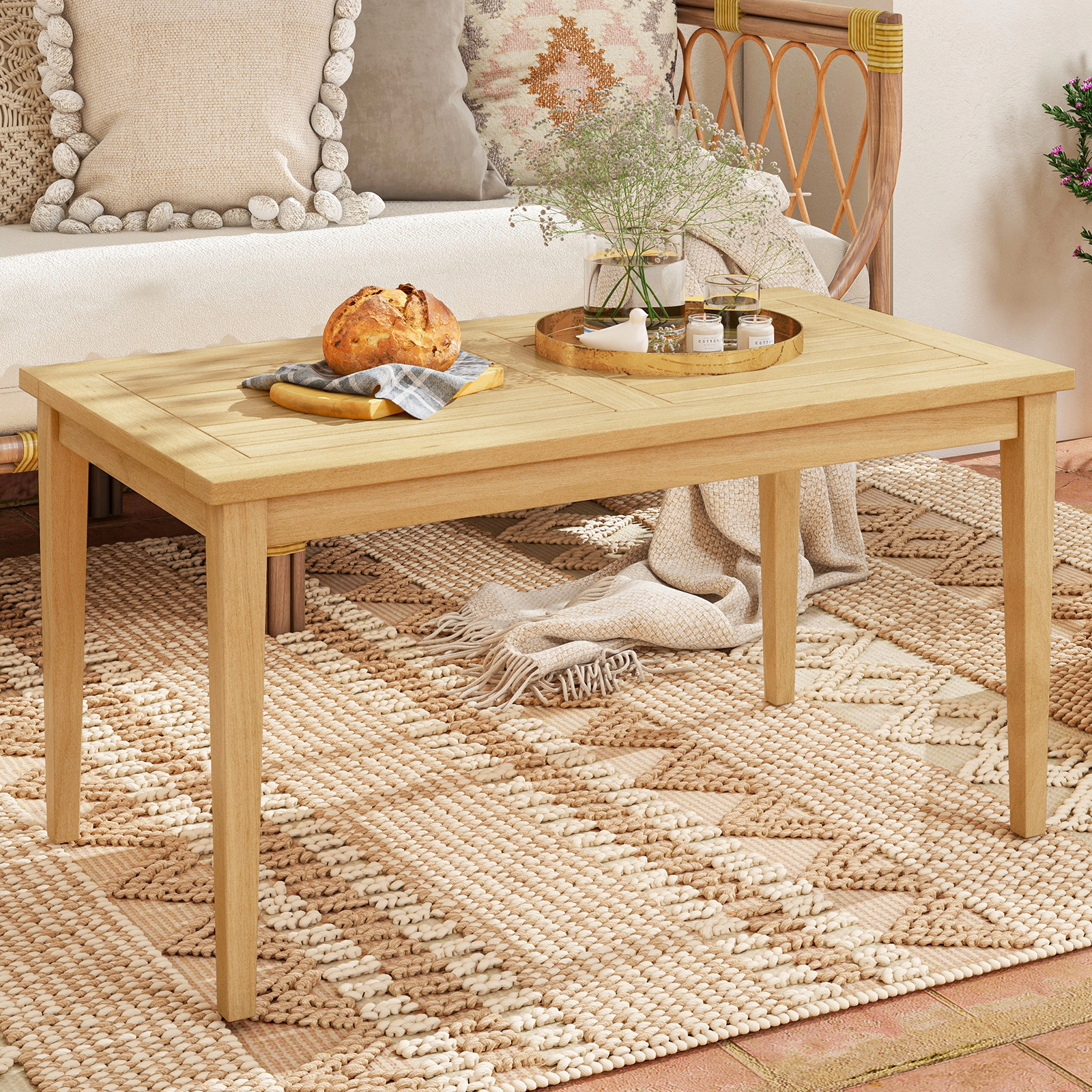 SUGIFT Natural Teak Wood Slatted Outdoor Patio Coffee Table, 35.5 x 20 x 18 in
