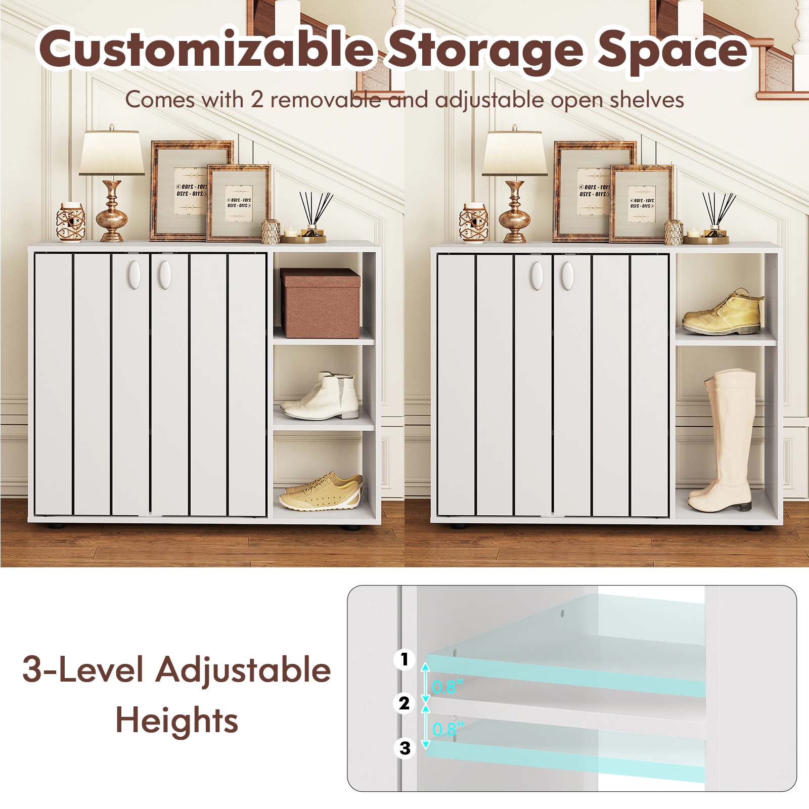 SUGIFT 3-Tier White 31.5-in Entryway Shoe Cabinet with Doors and Adjustable Side Storage Shelves