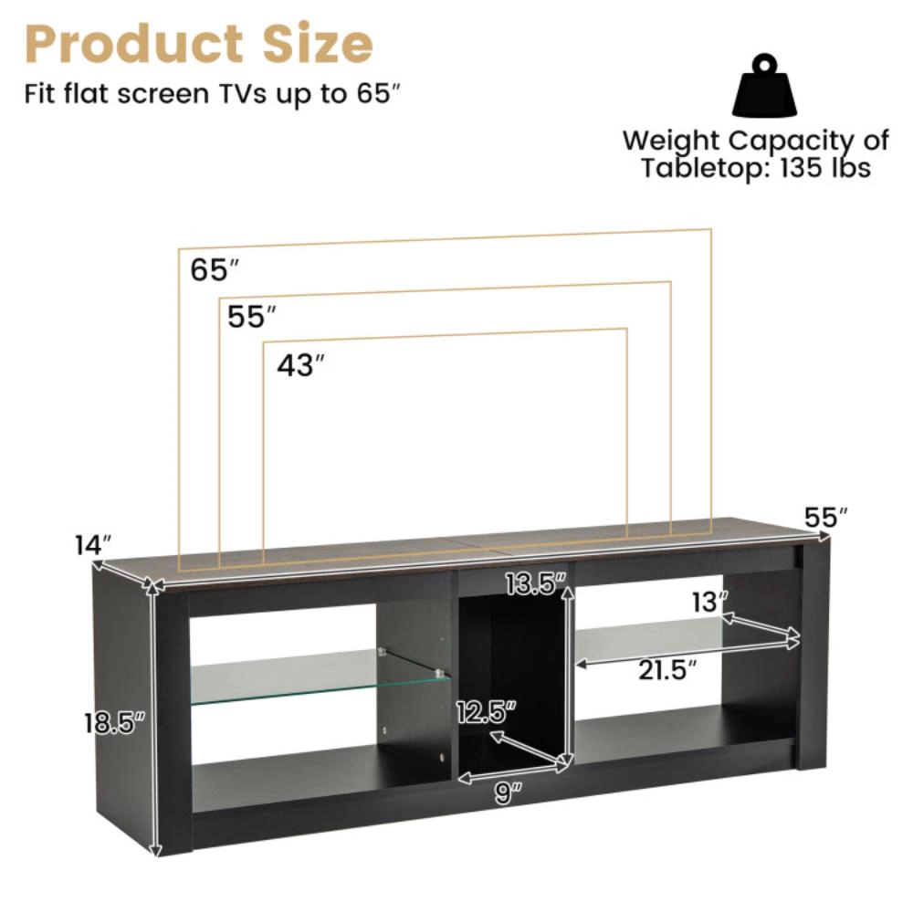 Hivvago Modern Tv Stand With Led Light And Adjustable Shelves For Tvs Up To 65 Inch-Brown