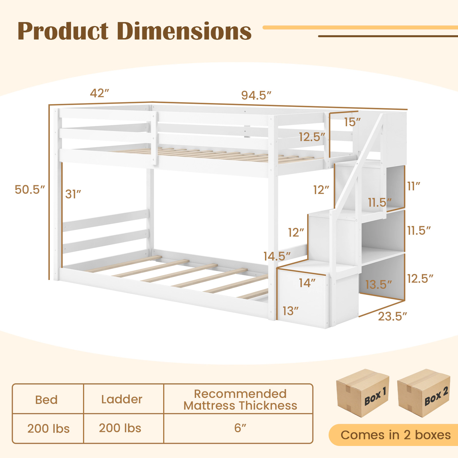 SUGIFT White Storage Stairs and 3 Compartments Twin Over Twin Kids Low Bunk Bed