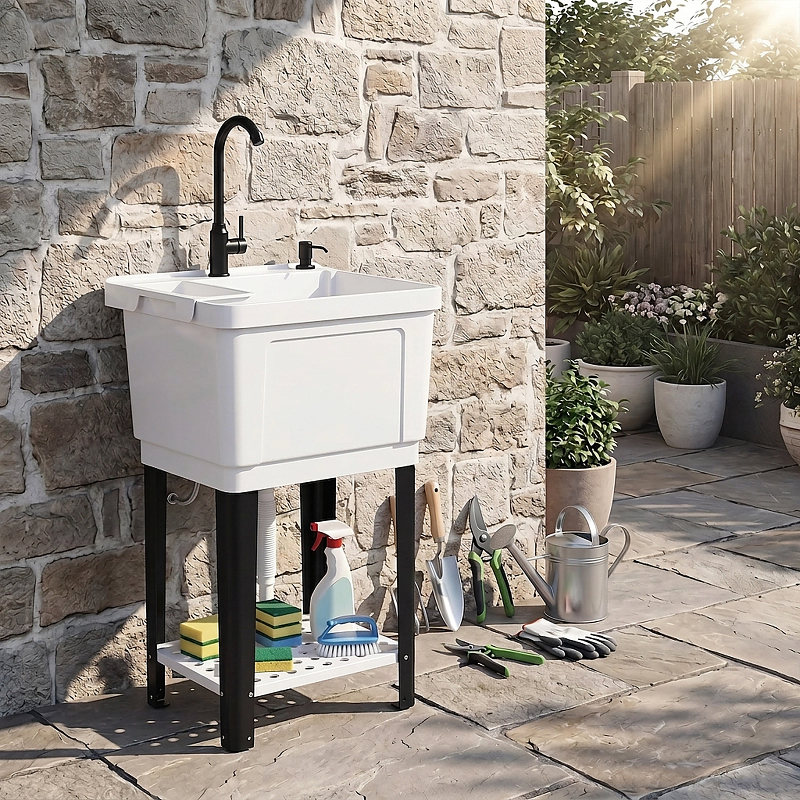 SUGIFT 14.5-Gal Rotating Faucet Adjustable Legs Storage Shelf Utility Sink Laundry Tub 24.5-in x 24-in x 48-in White
