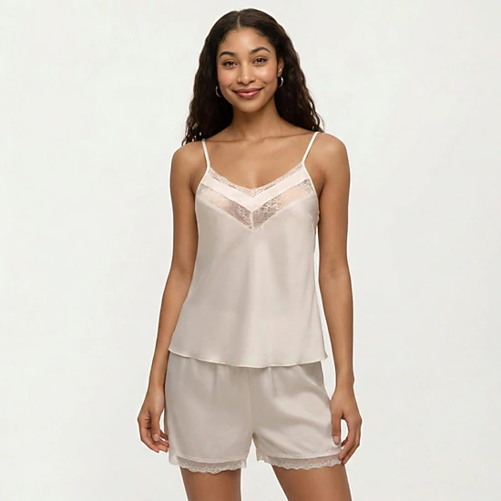 Anna-Kaci Women's 2-Piece Satin Pajama Camisole Top and Shorts with Contrast Lace Trim Adjustable Straps Sleepwear