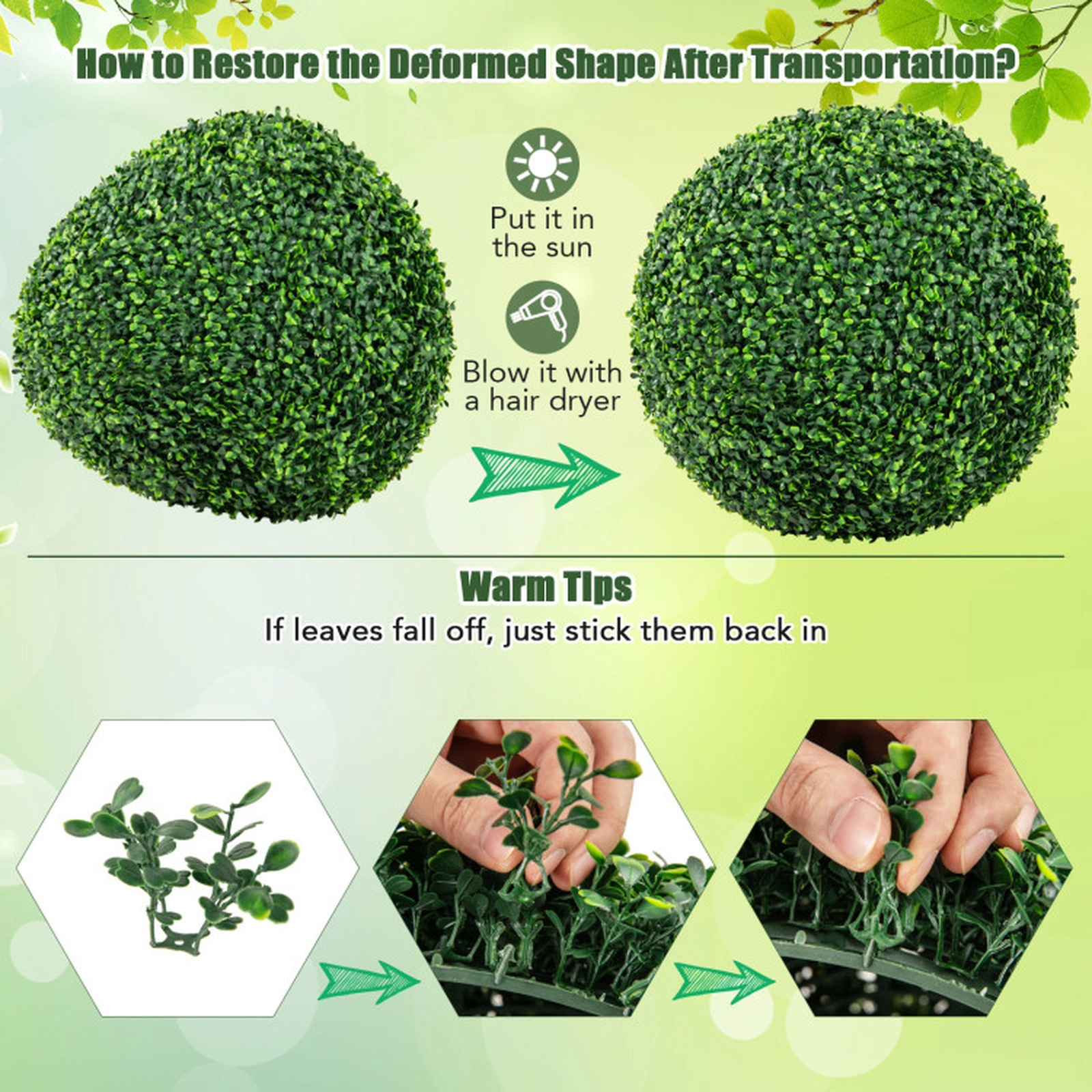SUGIFT Set of 2 20-in Artificial Boxwood Topiary Balls with 4-Layer Leaves and Interlocking Halves