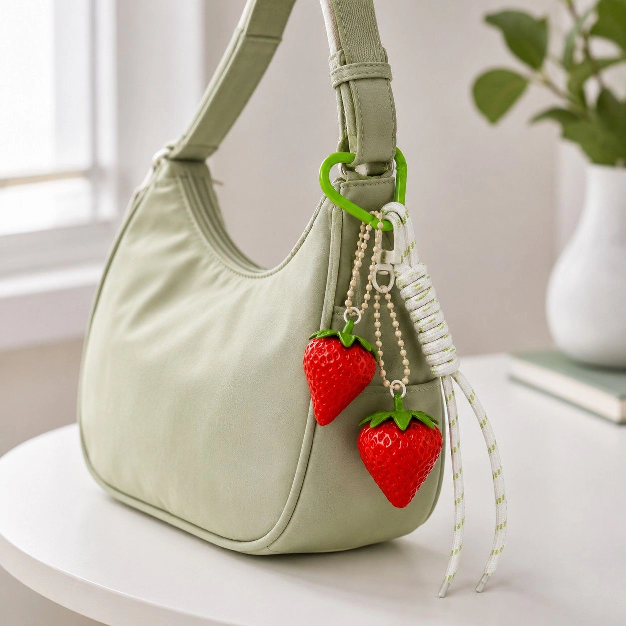 Alilang Women's 3D Strawberry Bag Charm Keychain with Heart Clasp and Braided Cord Tails, Lime Green