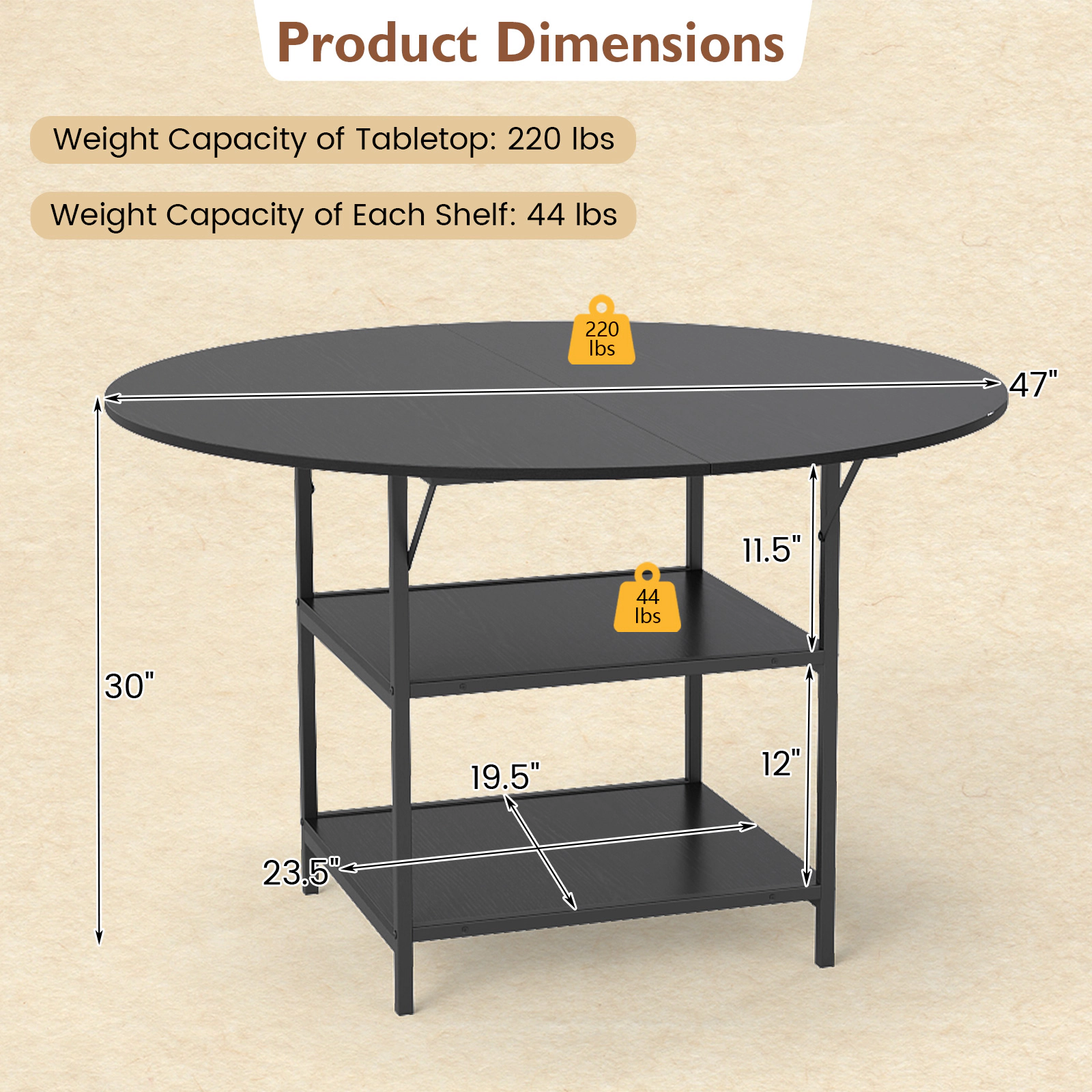 LJG 47 Inch Round Dining Table for 4-6 People Large Kitchen with 2-Tier Storage Shelves