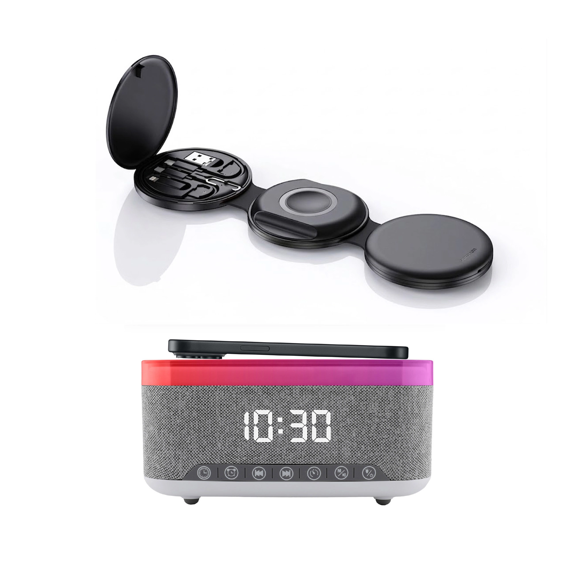 Pursonic Unisex Ultimate 5-in-1 Tech Bundle: Folding Wireless Charger & Multi-Function Bedside Alarm Clock