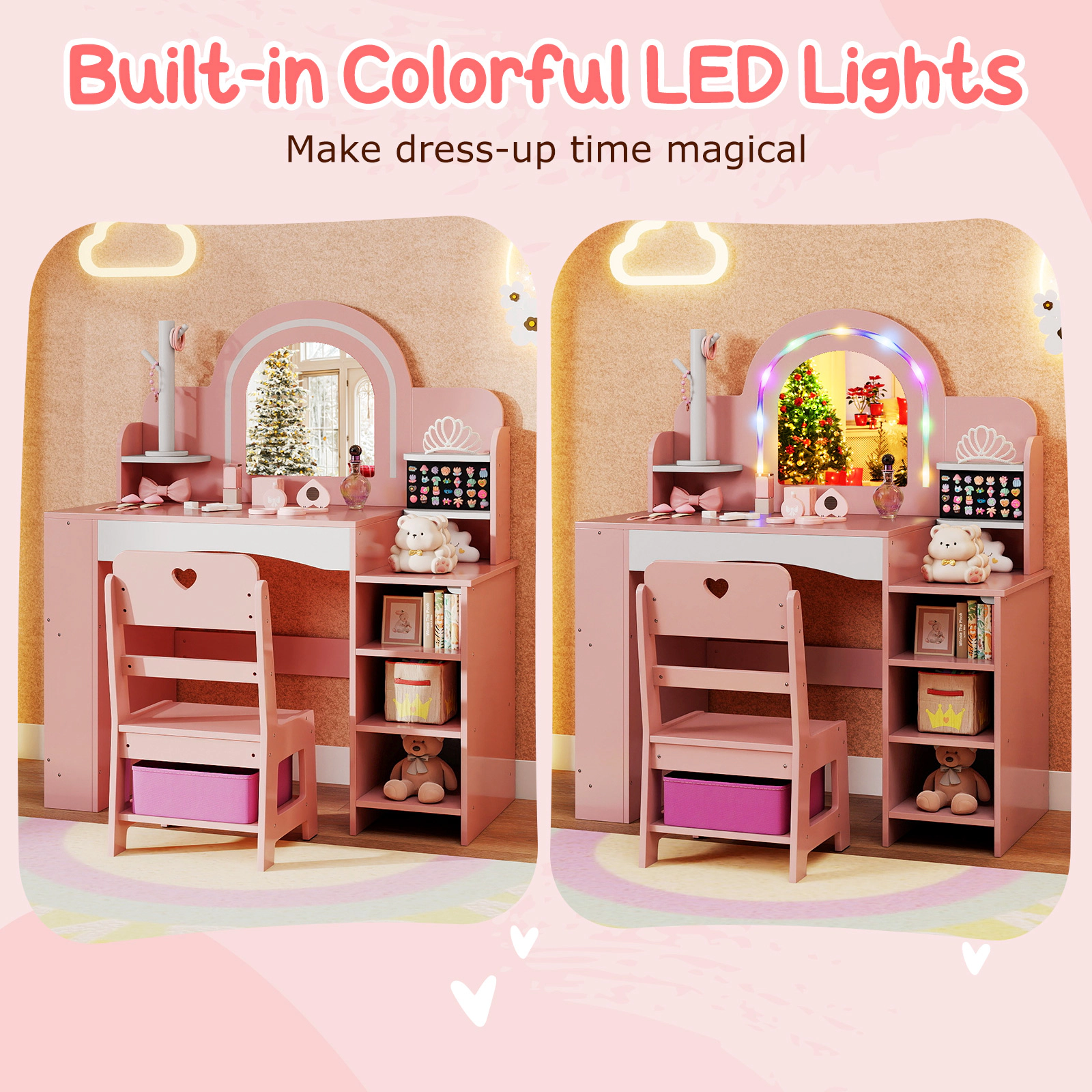 SUGIFT LED Lighted Mirror Jewelry Holder and Chair Kids Vanity Table Set