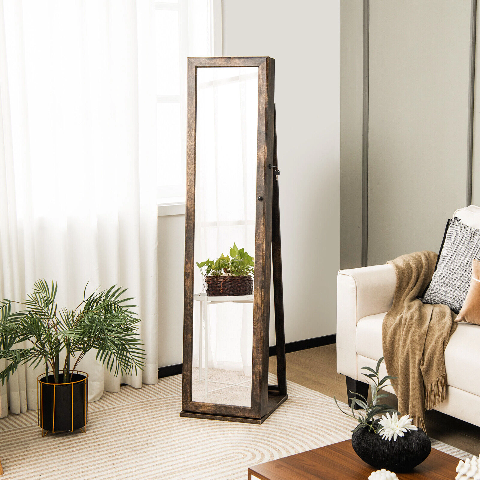SUGIFT Standing Lockable Jewelry Storage Organizer with Full-Length Mirror 62-in Tall P2 MDF Brown