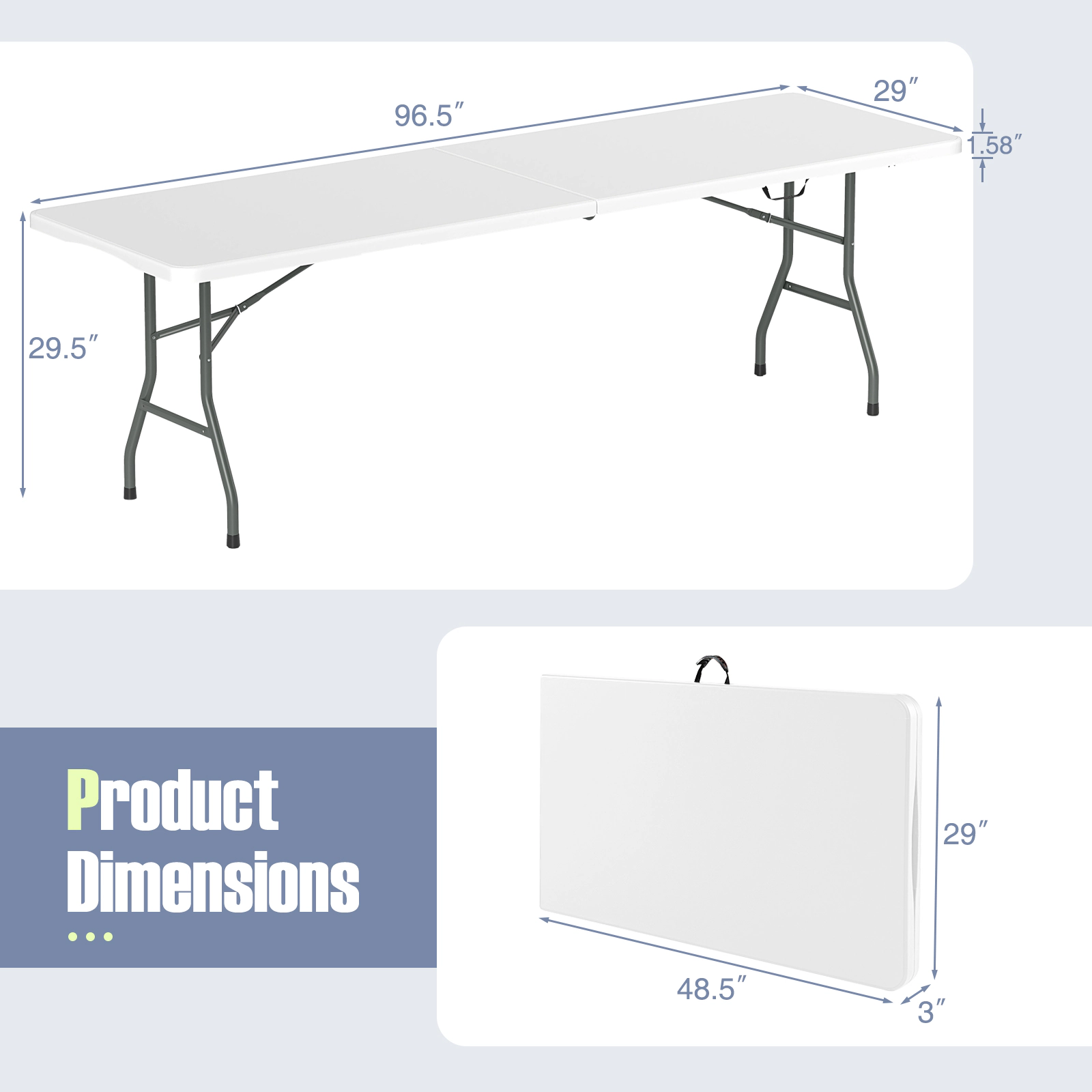 SUGIFT 96.5-in Folding Picnic Table with HDPE Tabletop 350-lb Capacity Fold-in-Half Design 36.5-lb Net Weight White