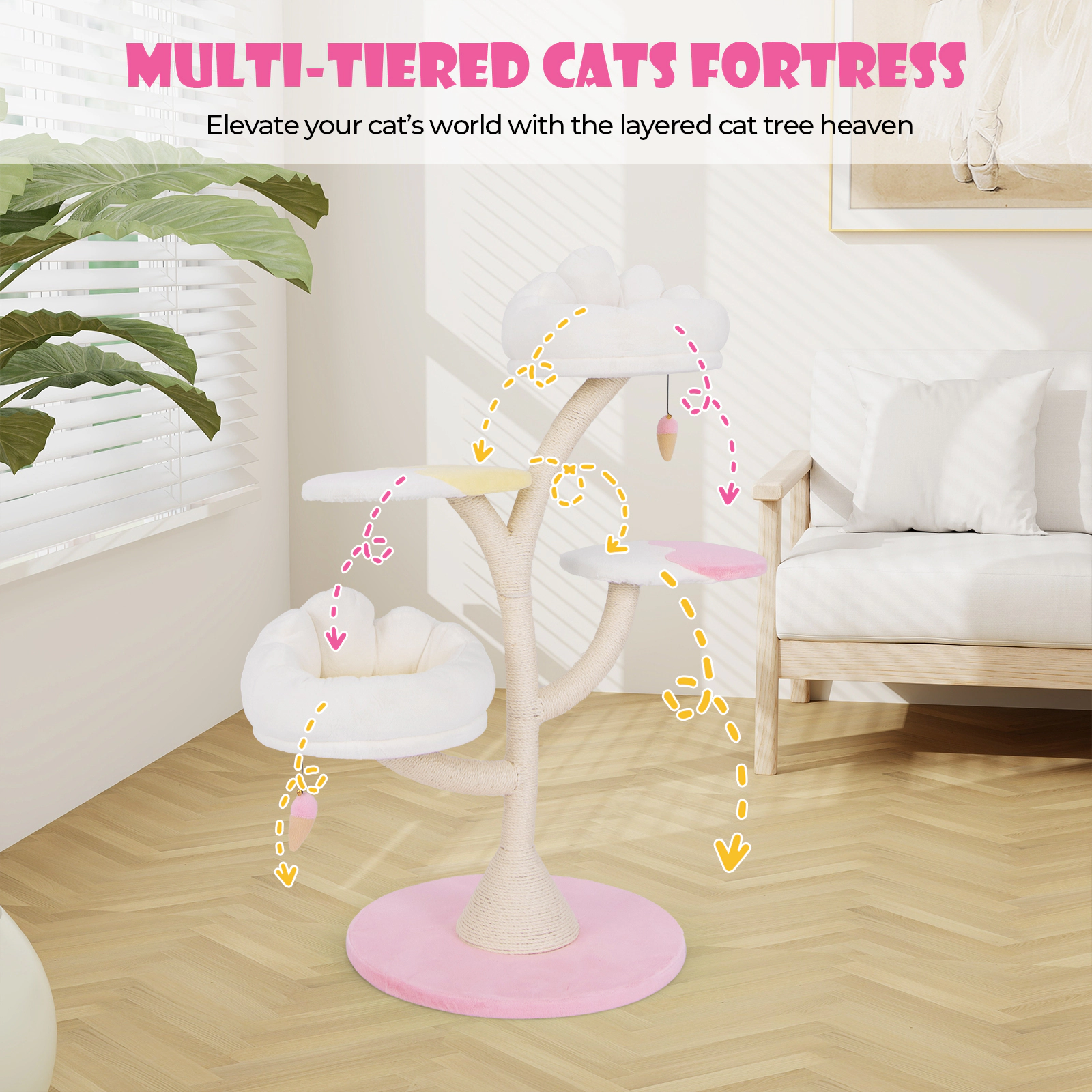 SUGIFT 48.5-in Pink Multi-Layer Cat Tree Tower with 2 Deep 16.5-in Walled Perches and 35-lb Layers